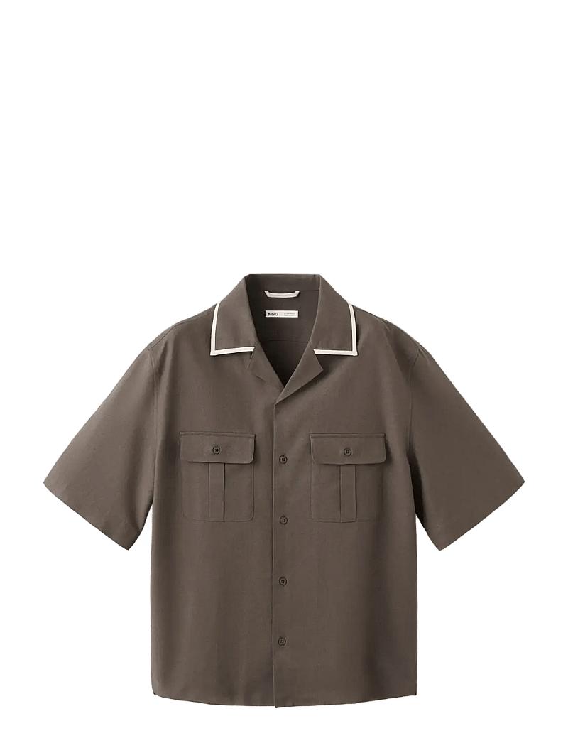 Mango - Linen cotton camp collar shirt - kortærmede skjorter - dark brown - 1