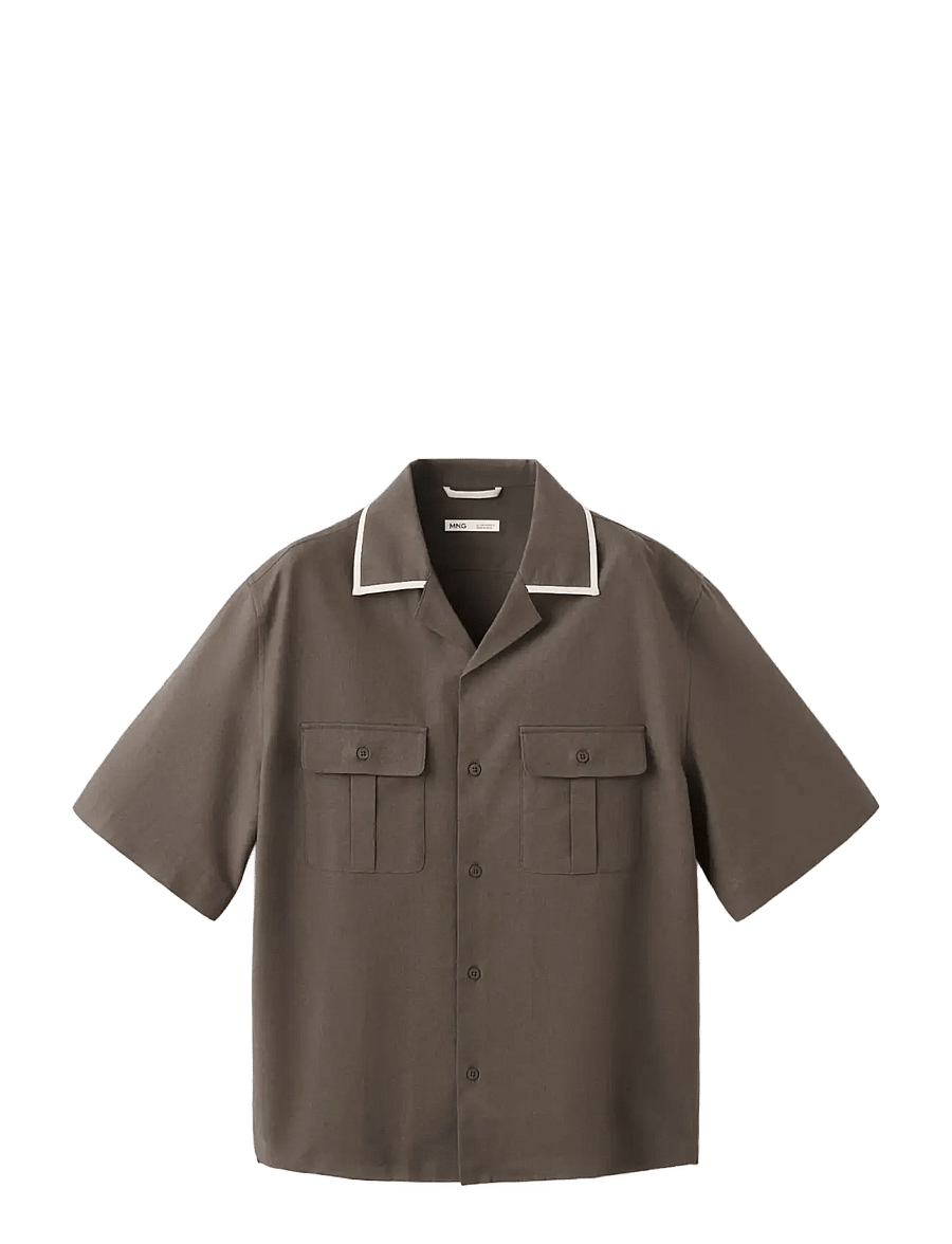 Mango - Linen cotton camp collar shirt - kortærmede skjorter - dark brown - 1