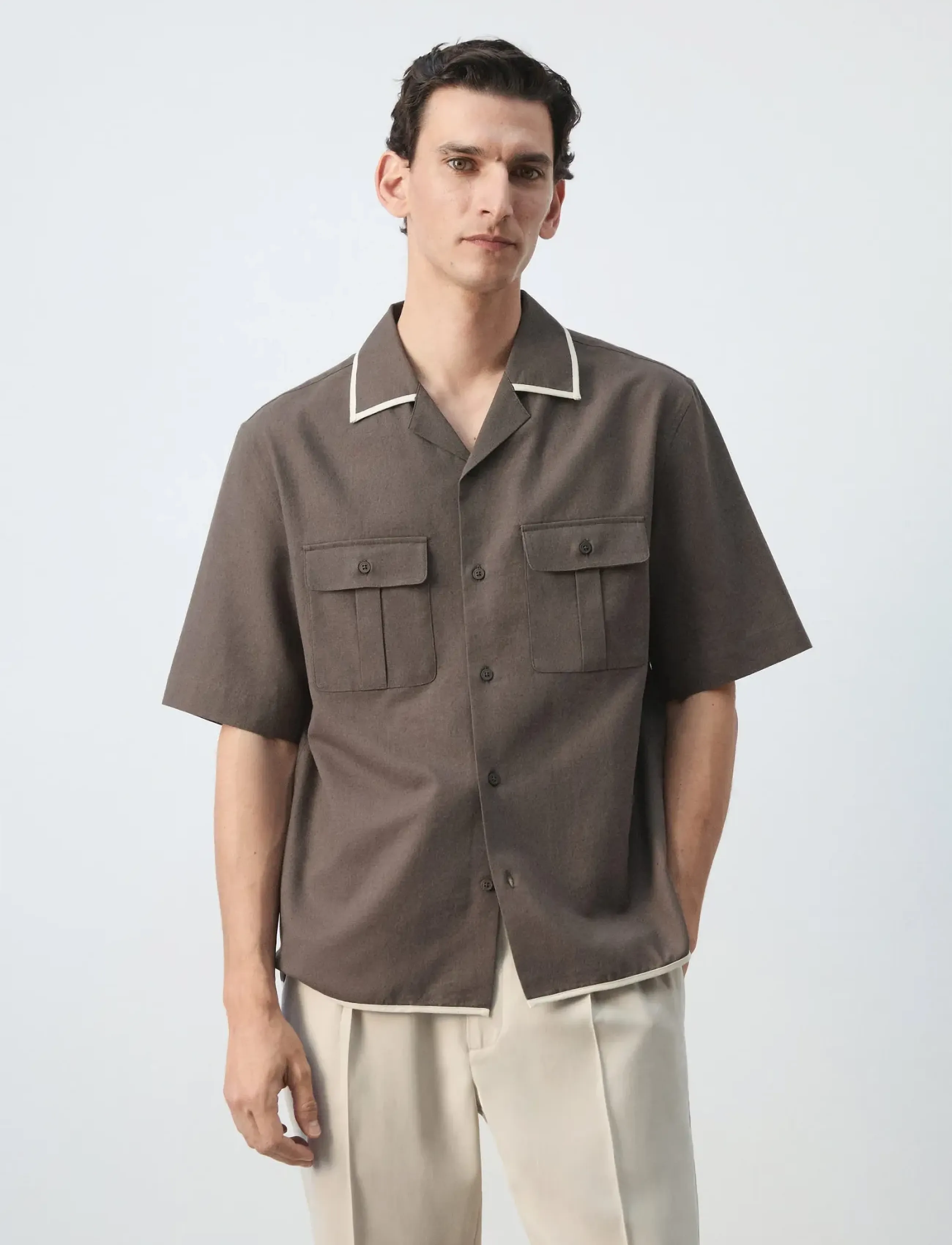 Mango Cotton-Linen Blend Camp Collar Shirt, L, Shirts, Braun - Short-sleeved Männerswear