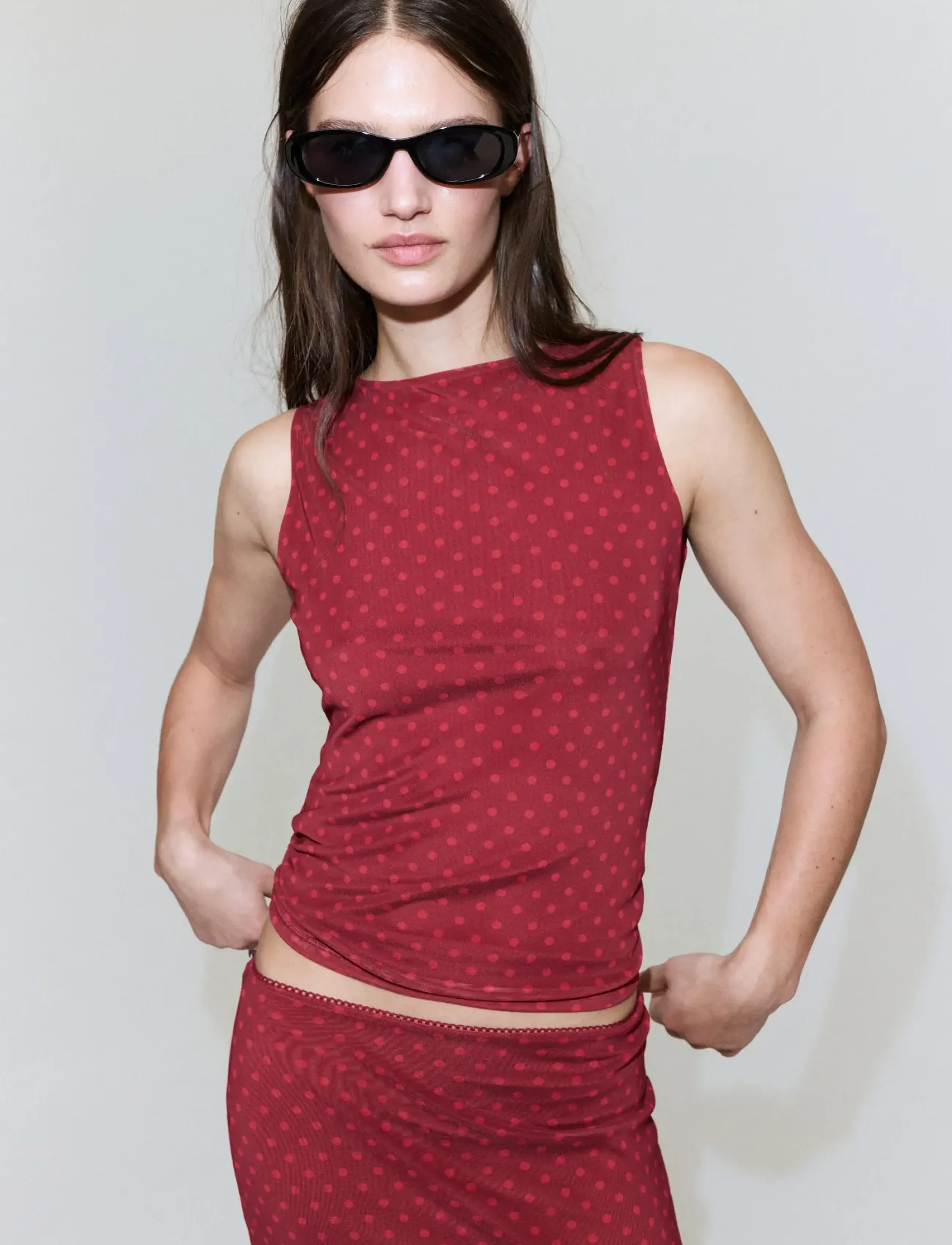Mango Polka Dot Print Tulle Top, M, Oberteile, Rot - Party Frauen