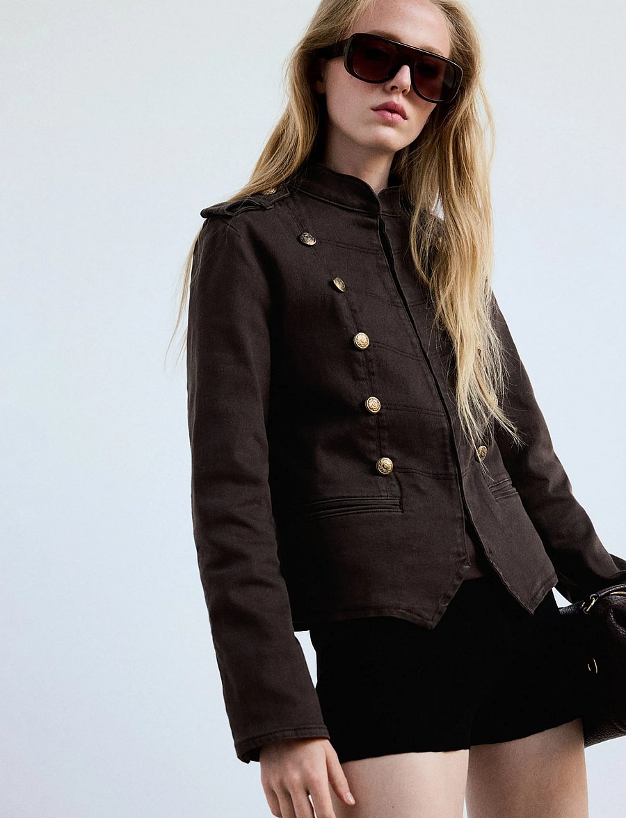 Mango - Denim jacket with band collar - denimjakker - dark brown - 0