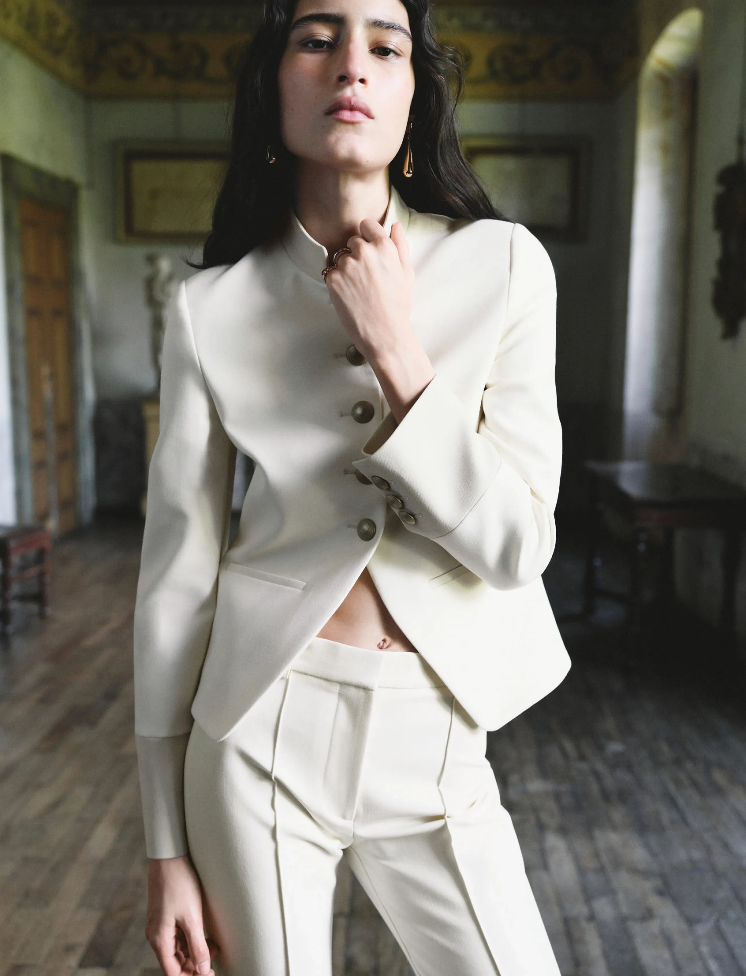 Mango Jacket With Jewel-Button Strip Collar, S, Blazer, Creme - Single Breasted Frauen