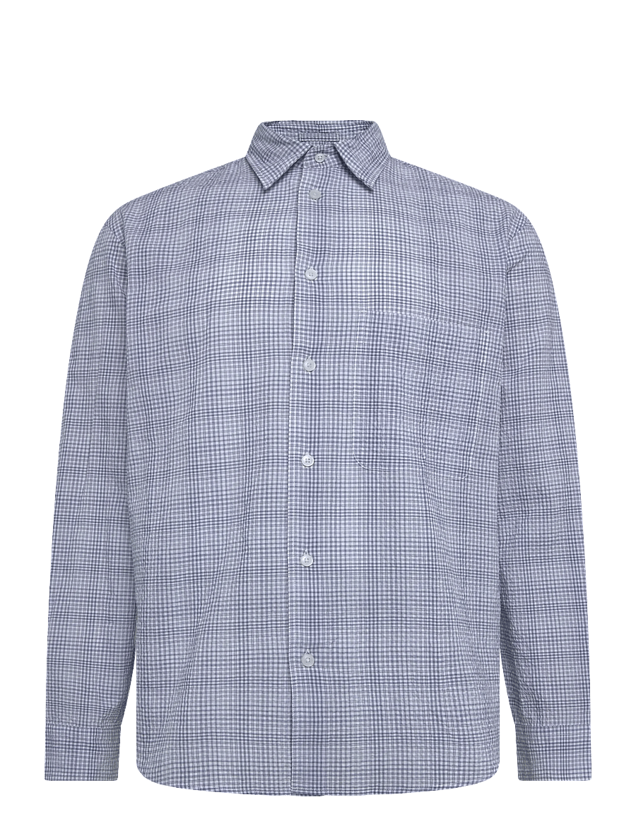Mango - Seersucker check textured shirt - mønstrede skjorter - medium blue - 1
