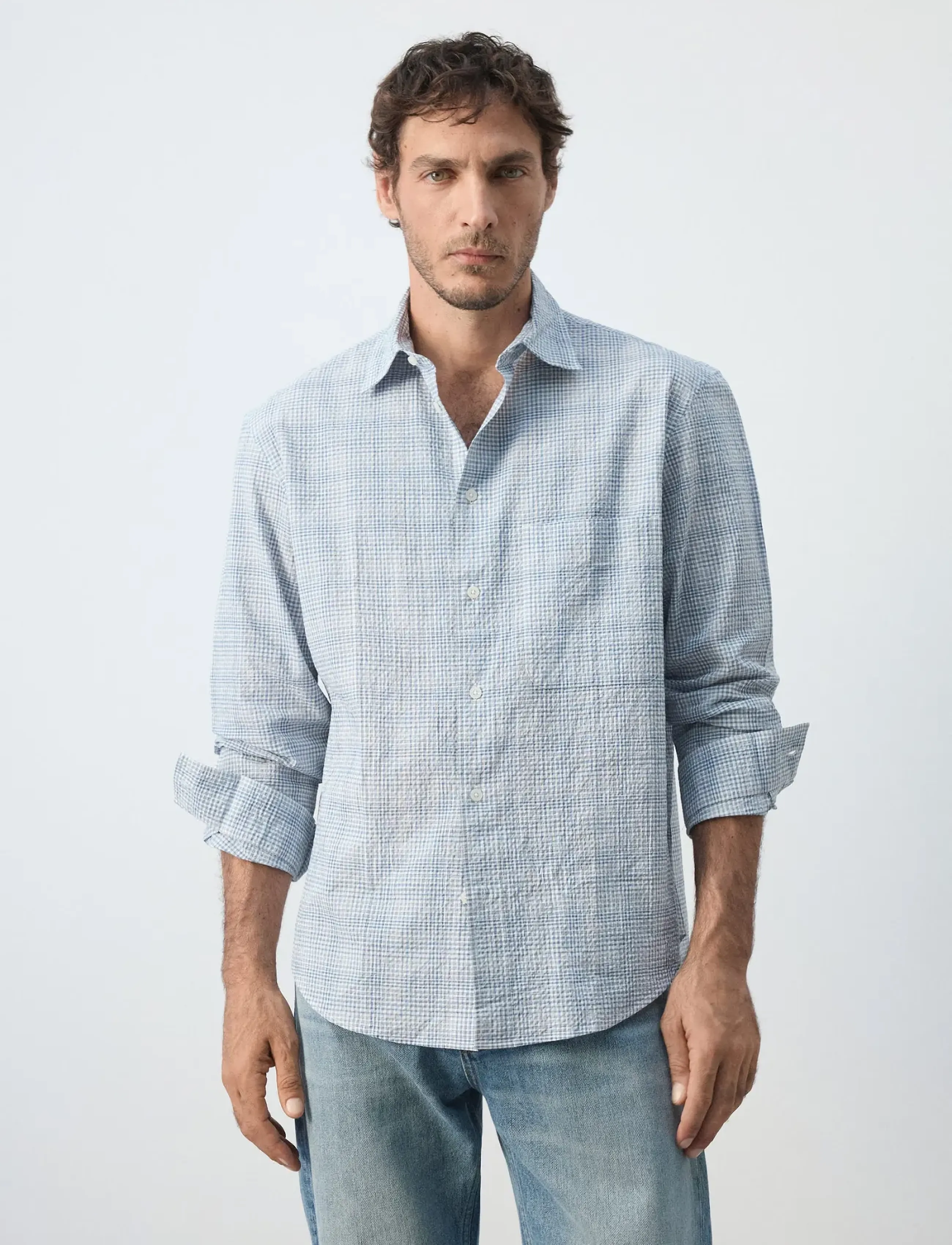 Mango Seersucker check textured shirt - Mønstrede skjorter - MEDIUM BLUE / blue