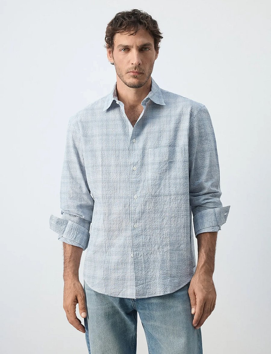 Mango - Seersucker check textured shirt - mønstrede skjorter - medium blue - 0