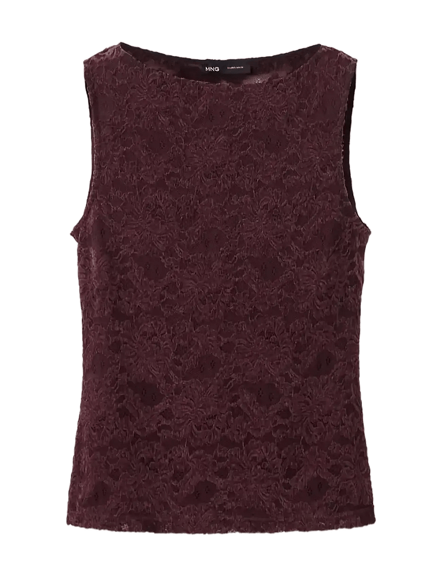 Mango - Floral lace boat-neck top - linnen - dark red - 2