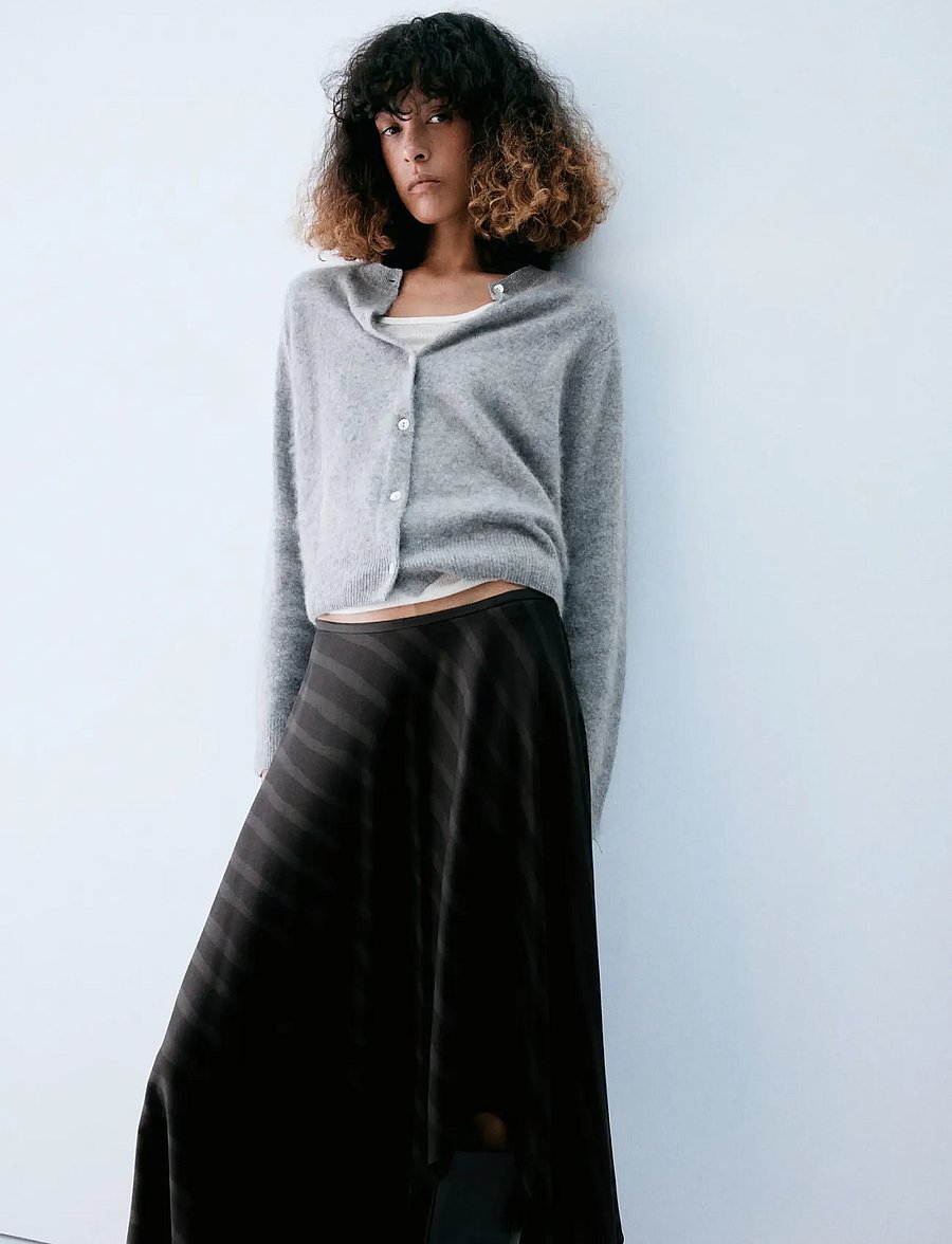 Mango - Asymmetric striped lyocell skirt - midi kjolar - grey - 1