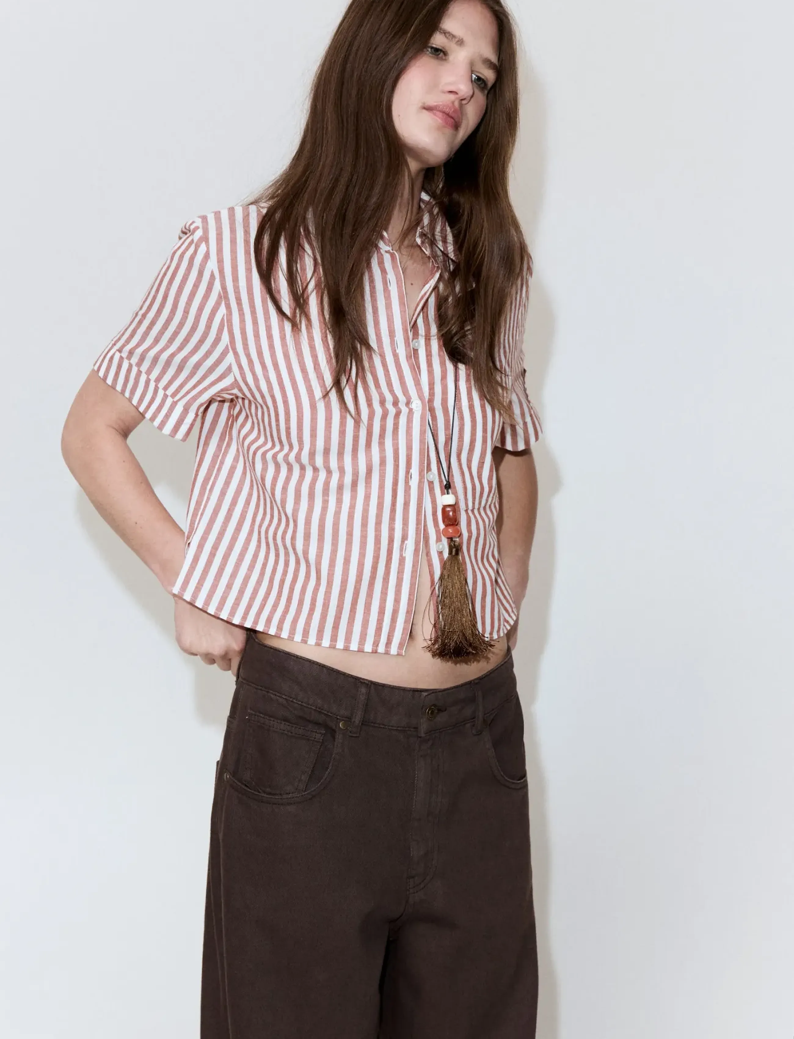 Mango Striped Cotton Linen Shirt, XS, Burgundy, Skjorter > Kortærmede, Dame