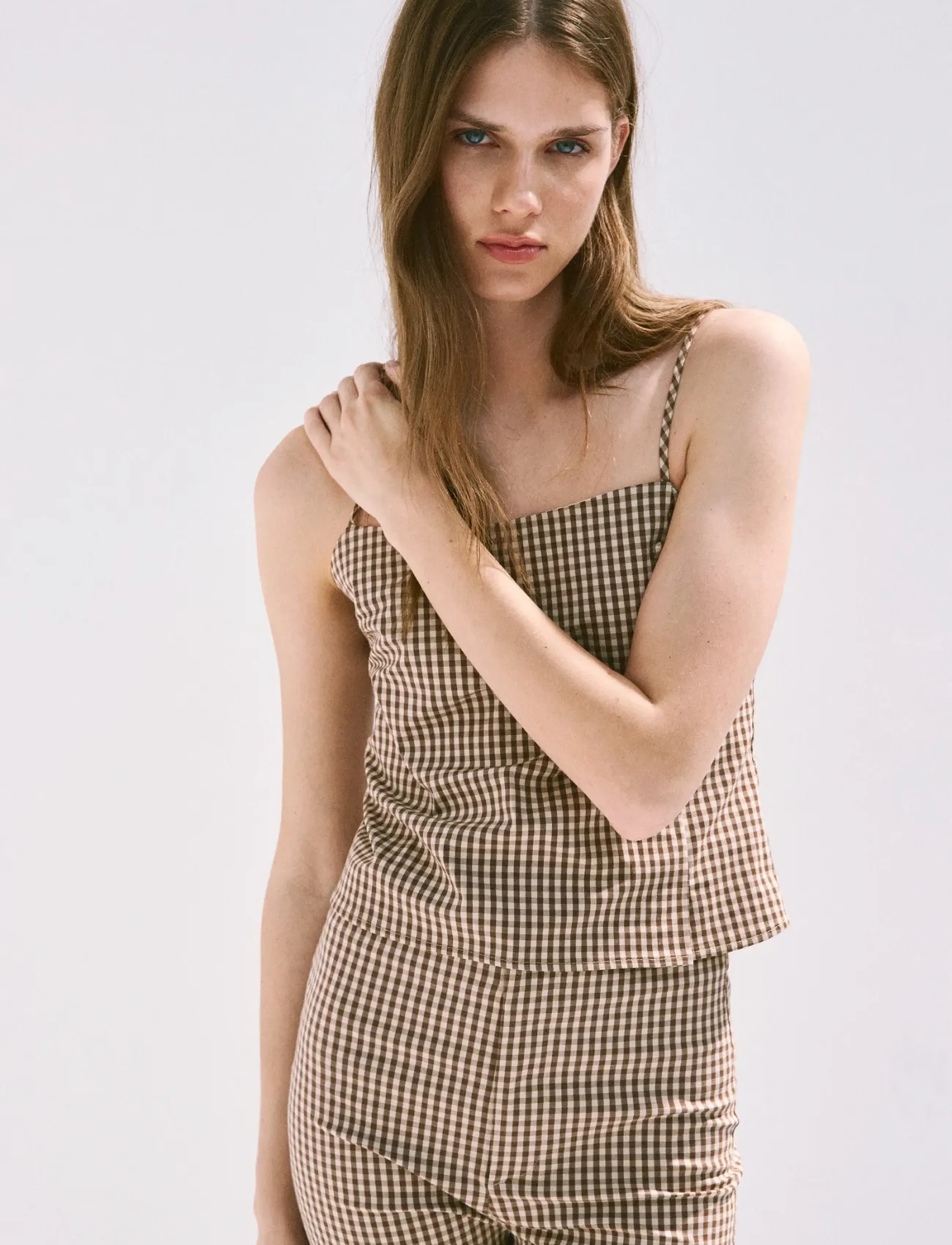 Mango Gingham Check Button Top, Kvinder, Spaghetti Strop Gingham Top, Brun, Str: XL