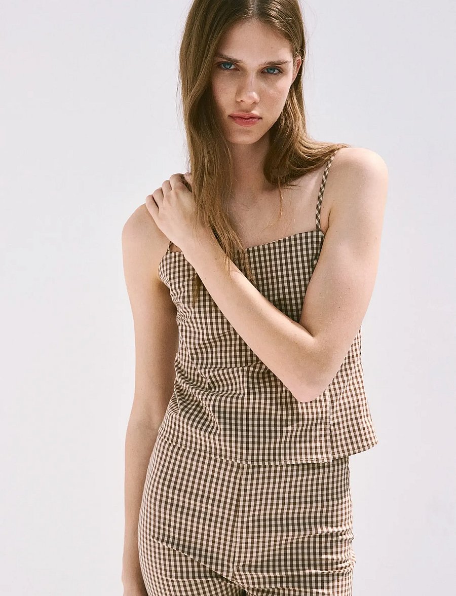 Mango - Gingham check button top - crop tops - brown - 0