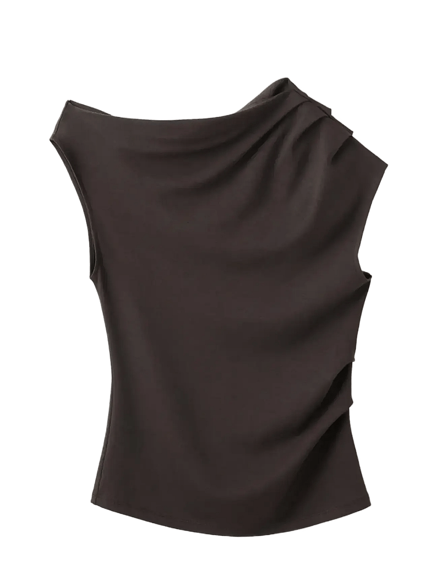 Mango - Asymmetrical ruched t-shirt - linnen - dark brown - 1