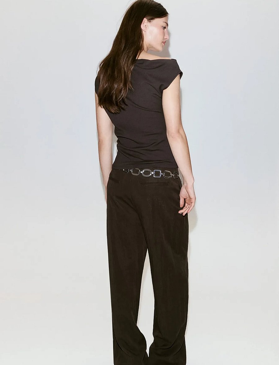Mango - Asymmetrical ruched t-shirt - linnen - dark brown - 2