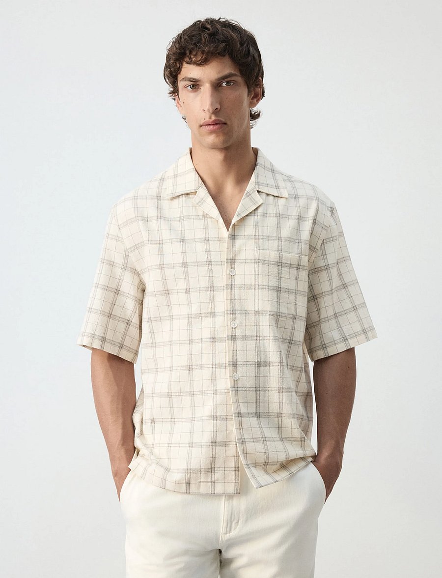 Mango - 100% cotton checked bowling collar shirt - ternede skjorter - natural white - 0