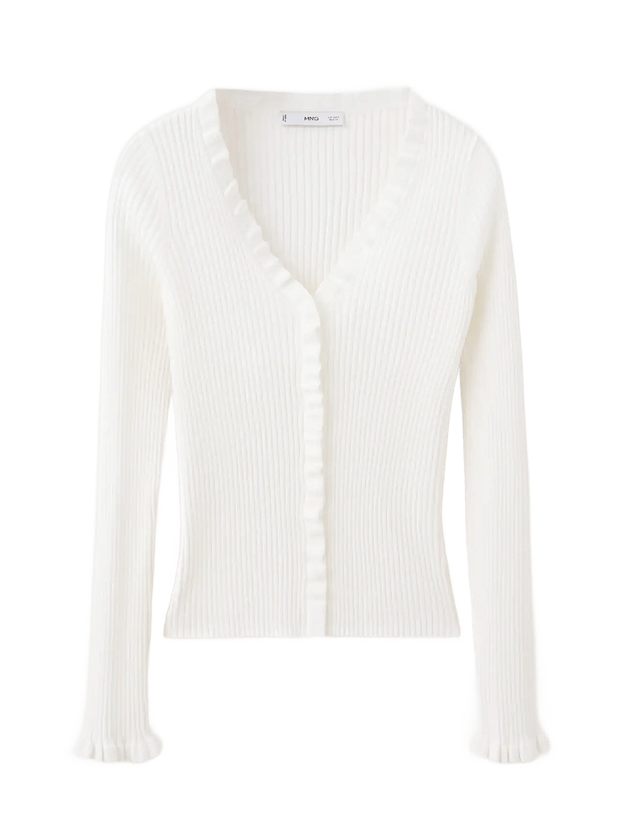 Mango - Ribbed ruffle cardigan - koftor - light beige - 1