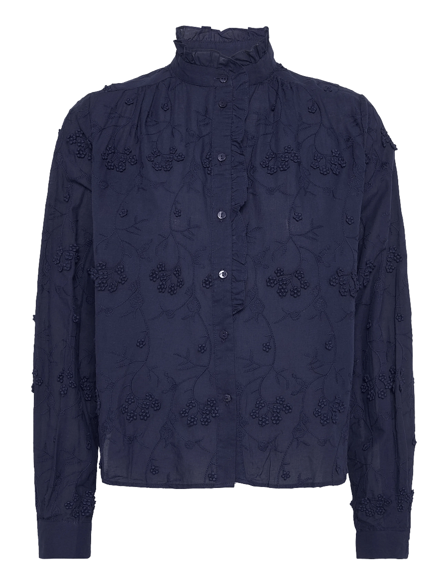 Mango - Embroidered blouse with frill detail - långärmade blusar - navy - 0
