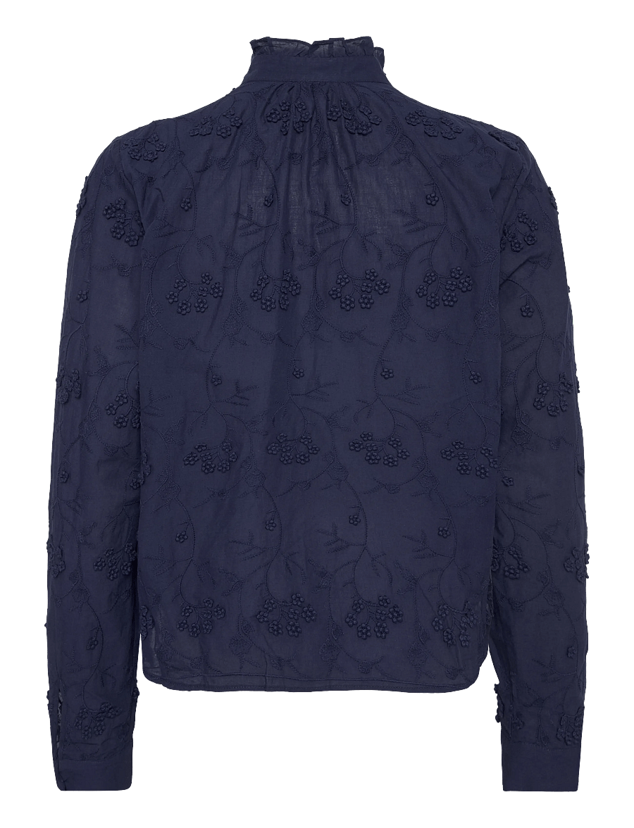 Mango - Embroidered blouse with frill detail - långärmade blusar - navy - 1