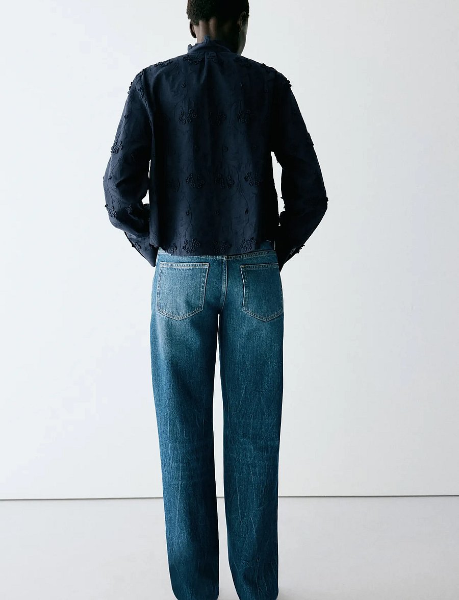 Mango - Embroidered blouse with frill detail - långärmade blusar - navy - 3