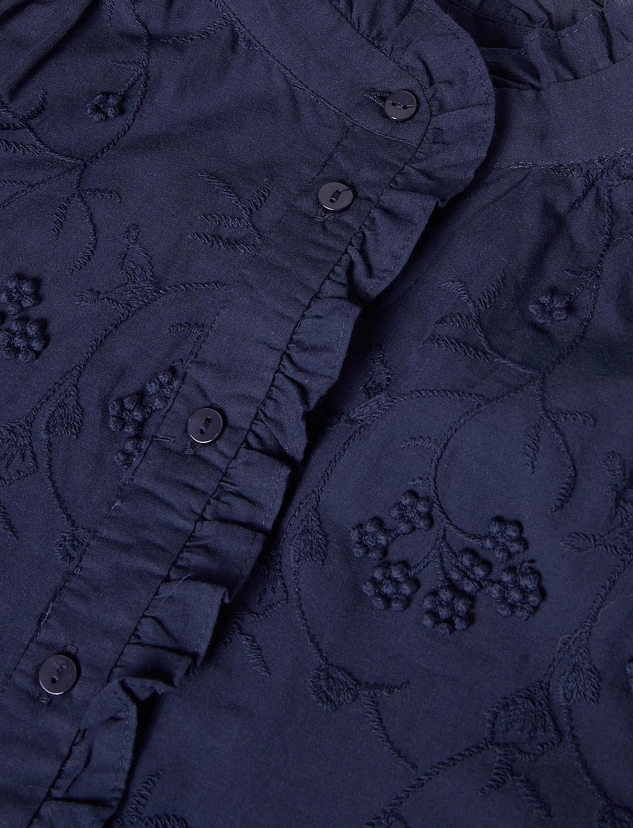 Mango - Embroidered blouse with frill detail - långärmade blusar - navy - 2