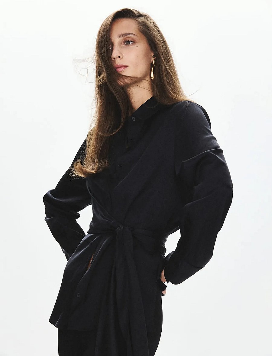 Mango - Straight-fit shirt with bow detail - långärmade skjortor - black - 0