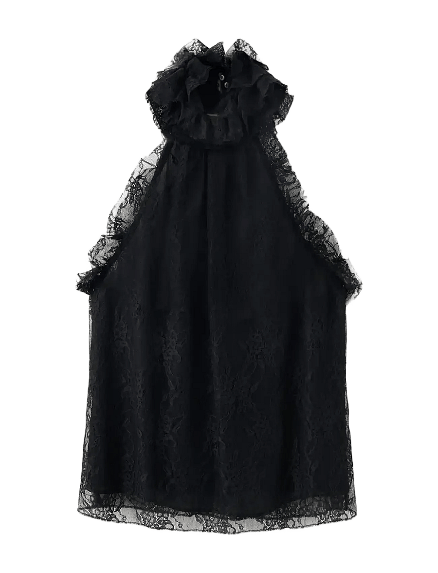 Mango - Halter top with lace frills - linnen - black - 1