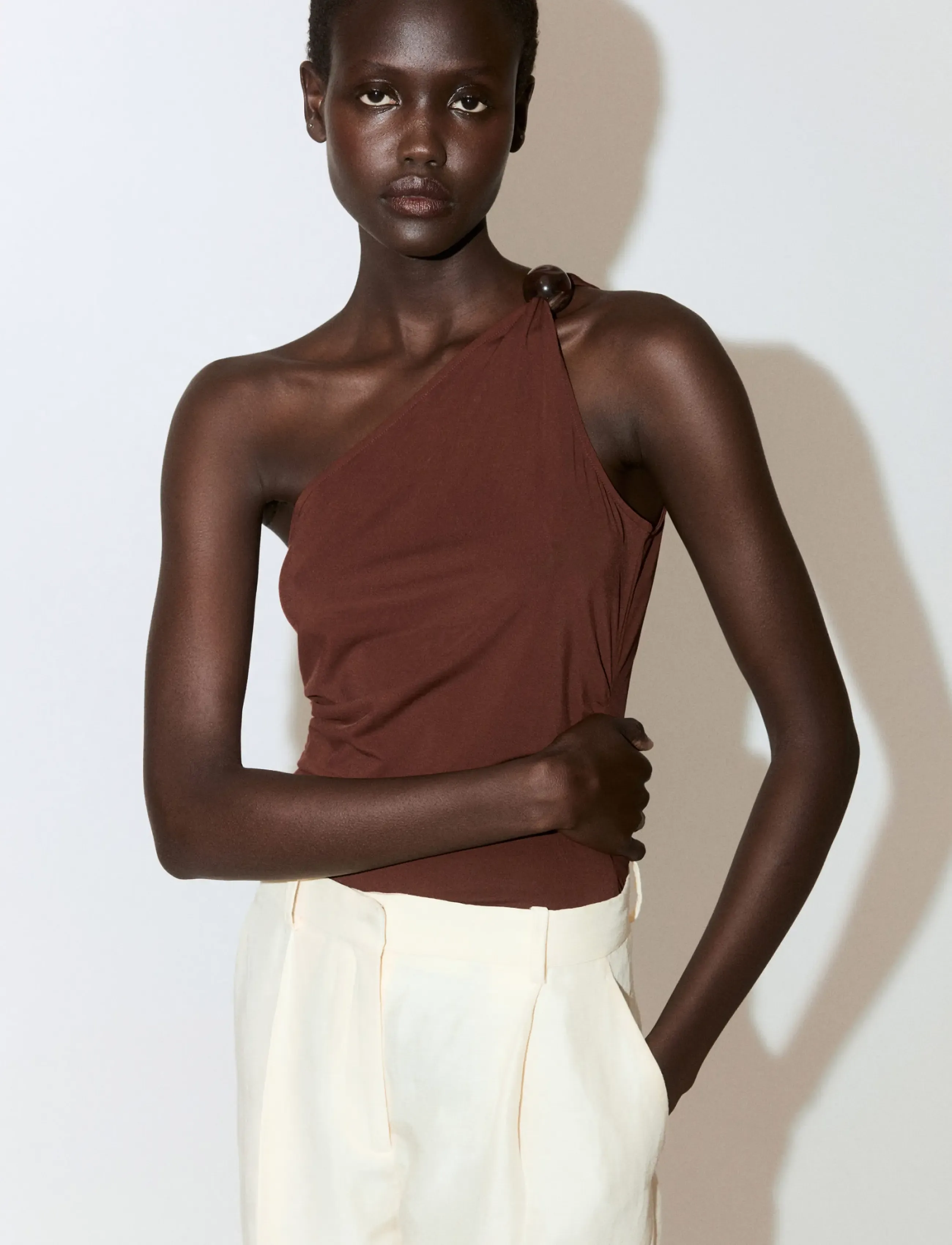Mango Asymmetric top with bead detail - Mango - MEDIUM ORANGE / brown