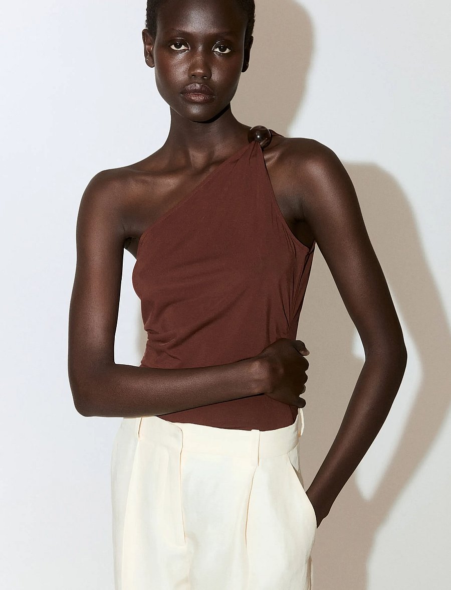 Mango - Asymmetric top with bead detail - linnen - medium orange - 0