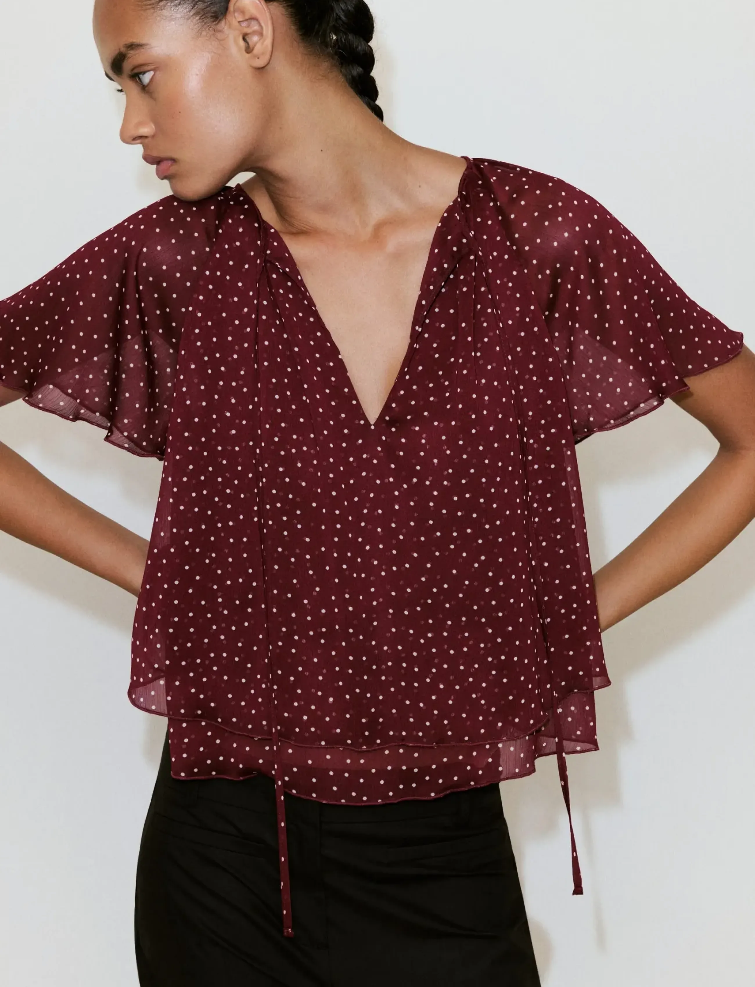 Mango Bow Polka-Dot Blouse, XS, Blouses, Burgunderrot - Short-sleeved, Frauen