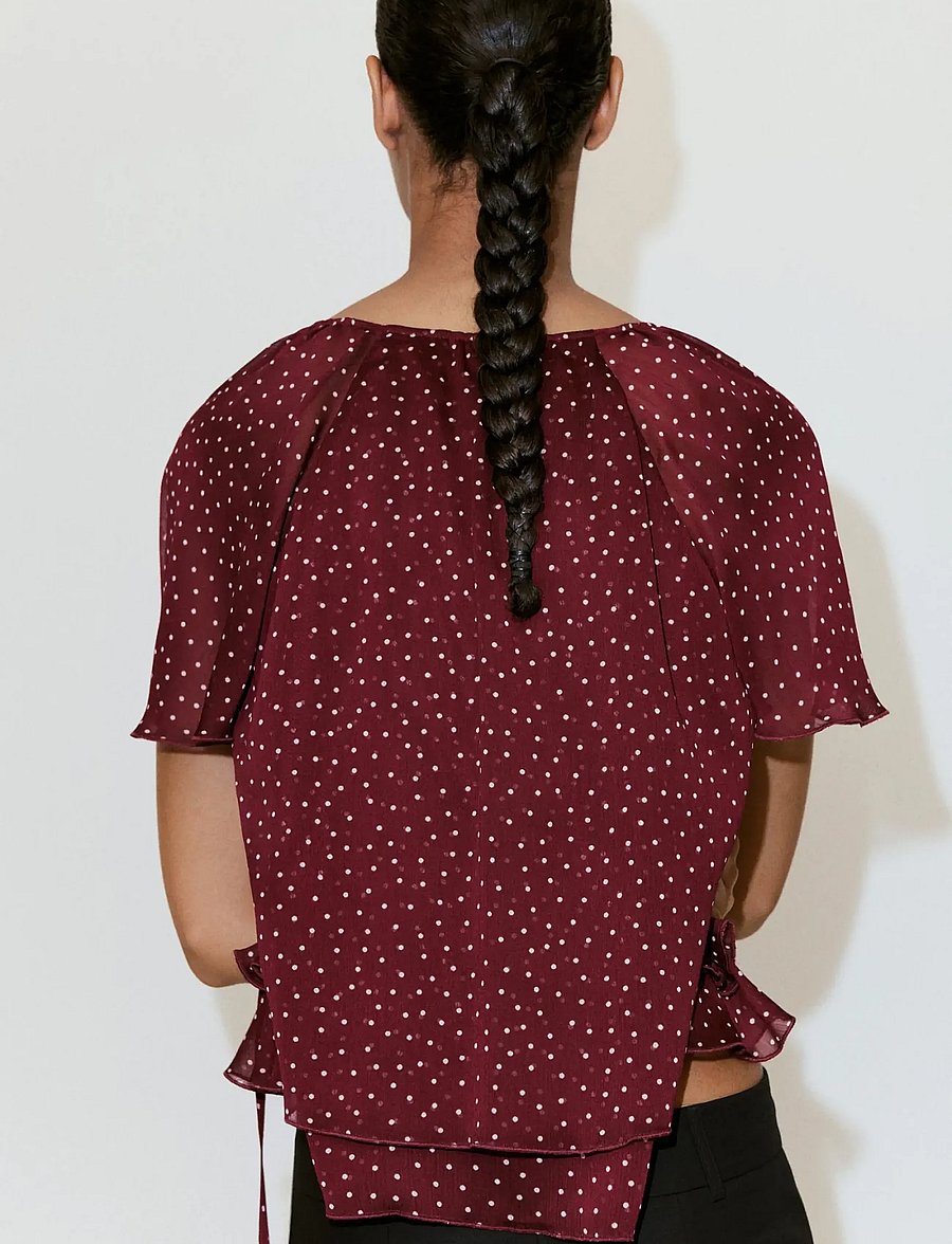 Mango - Bow polka-dot blouse - kortärmade blusar - dark red - 2