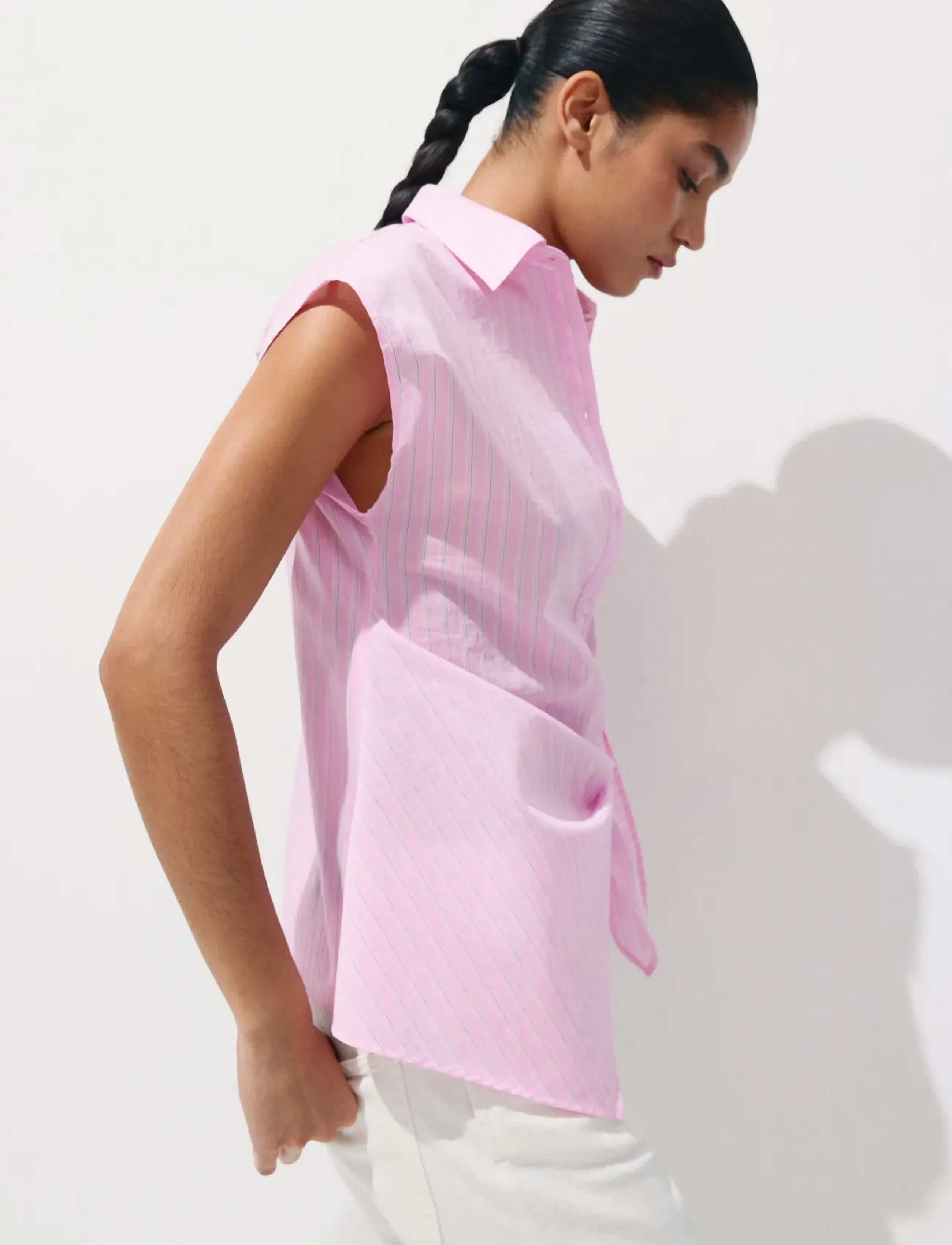 Mango Striped Cotton Shirt With Tie Detail, XS, T-shirts & Oberteile, Rosa - Short-sleeved, Frauen