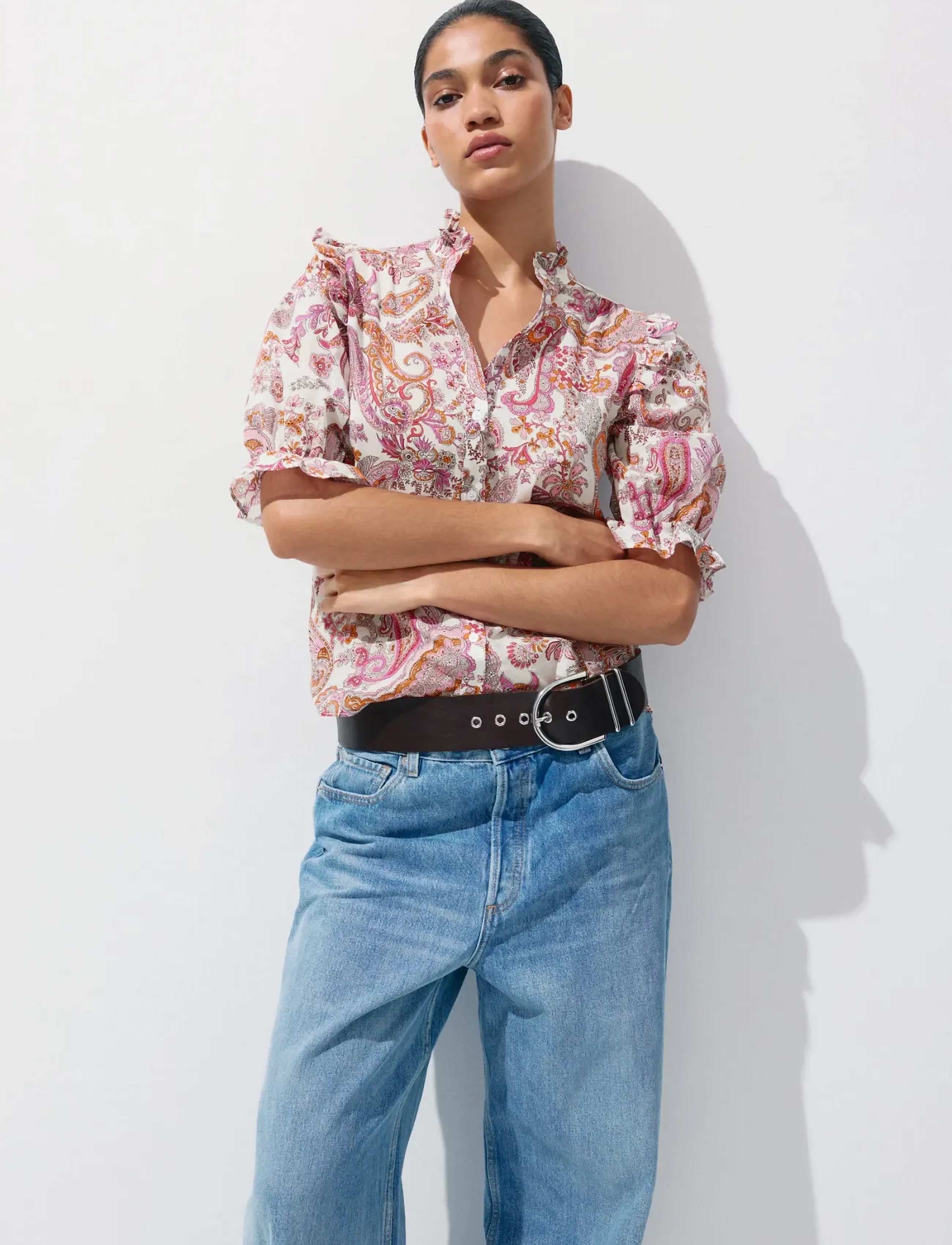 Mango Paisley Print Ruffle Blouse, Kvinder, Paisley Flæse Bluse, Hvid, Str: S