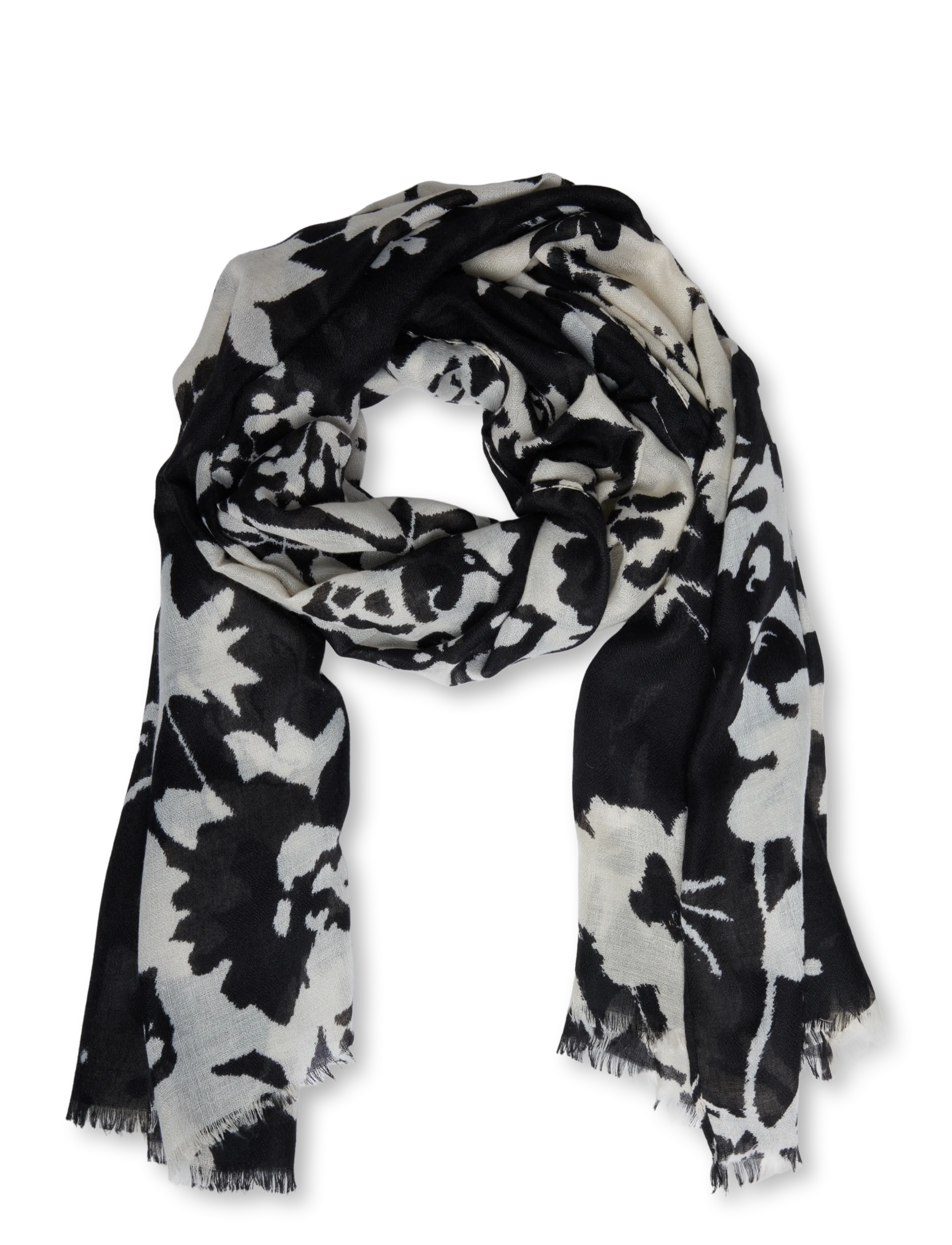 Mango Printed scarf with frayed finishes - Accessoarer - BLACK / black