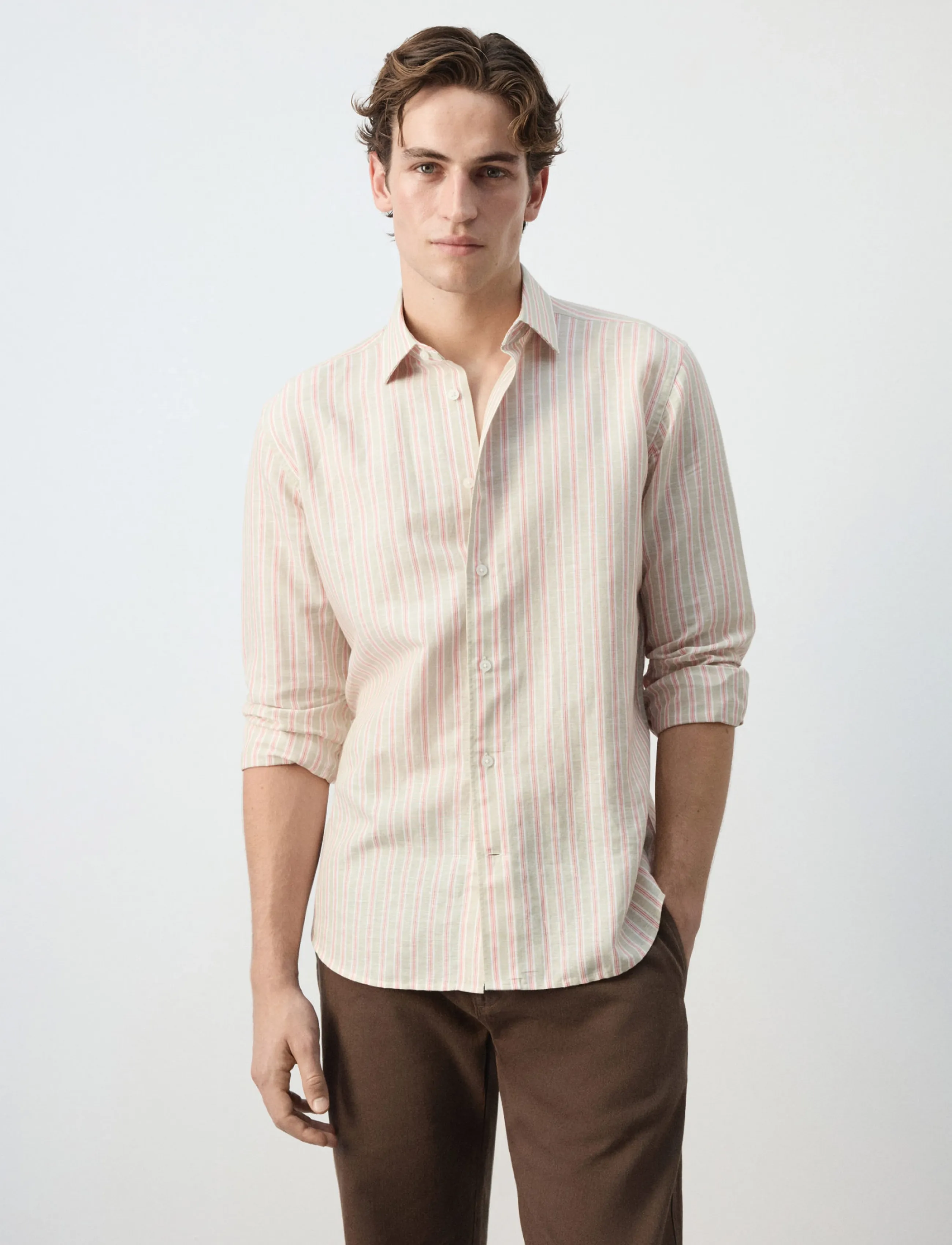 Mango Linen-Cotton Blend Stripe Shirt, M, Shirts, Creme - Casual Männerswear