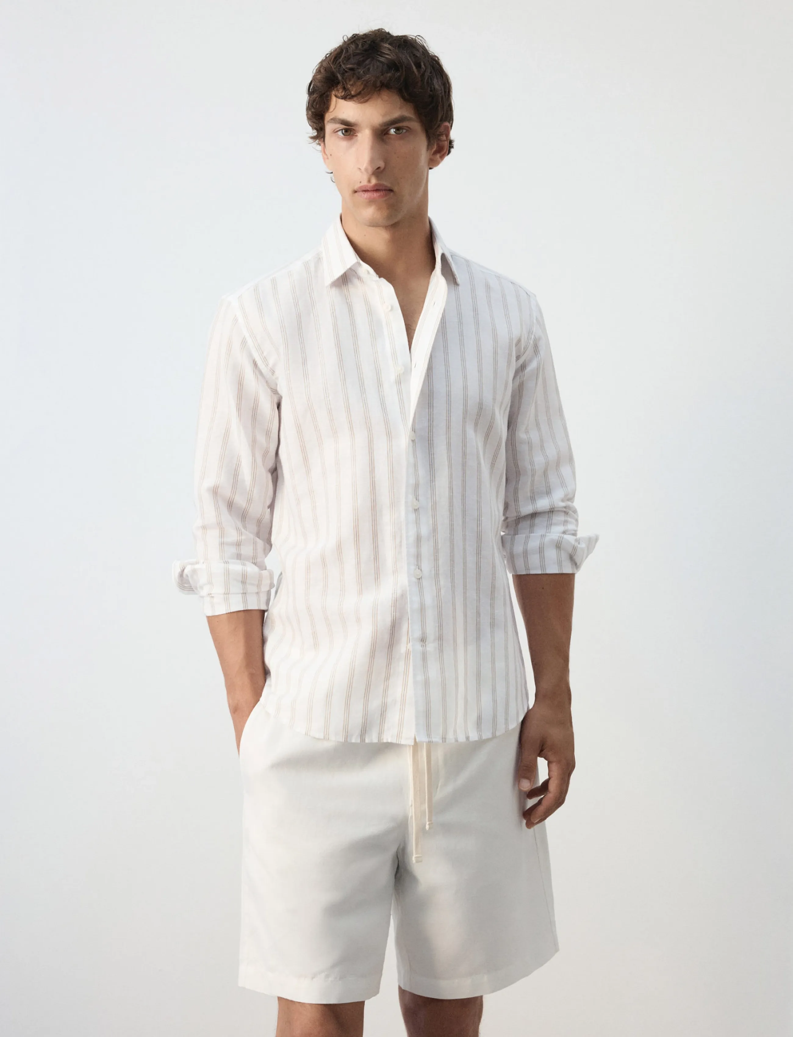 Mango Linen-Cotton Blend Stripe Shirt, L, White, Skjorter > Afslappet Shirts, Herre