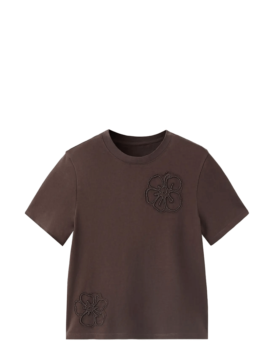 Mango - Cotton T-shirt with floral embroideries - t-shirts - brown - 1