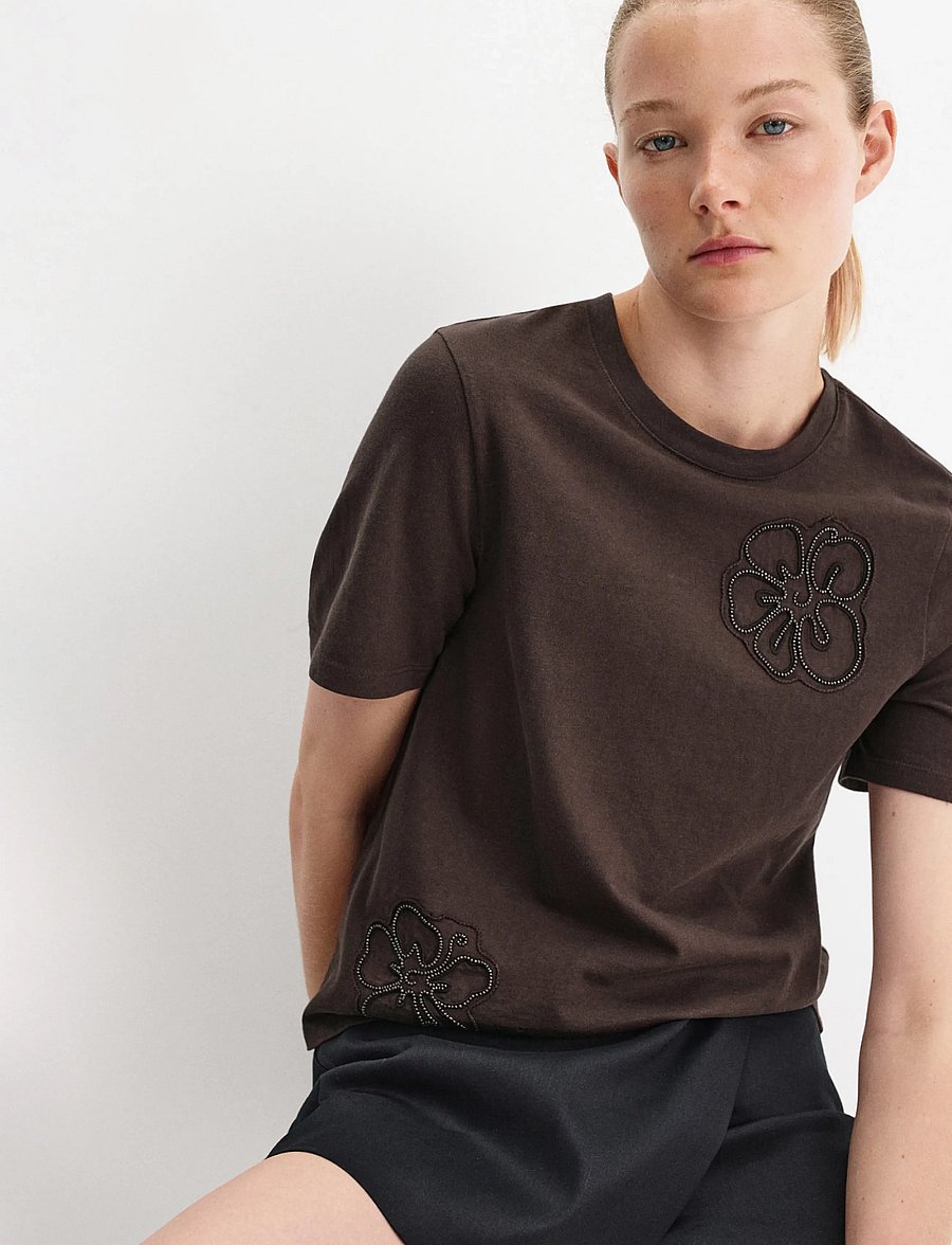 Mango - Cotton T-shirt with floral embroideries - t-shirts - brown - 0