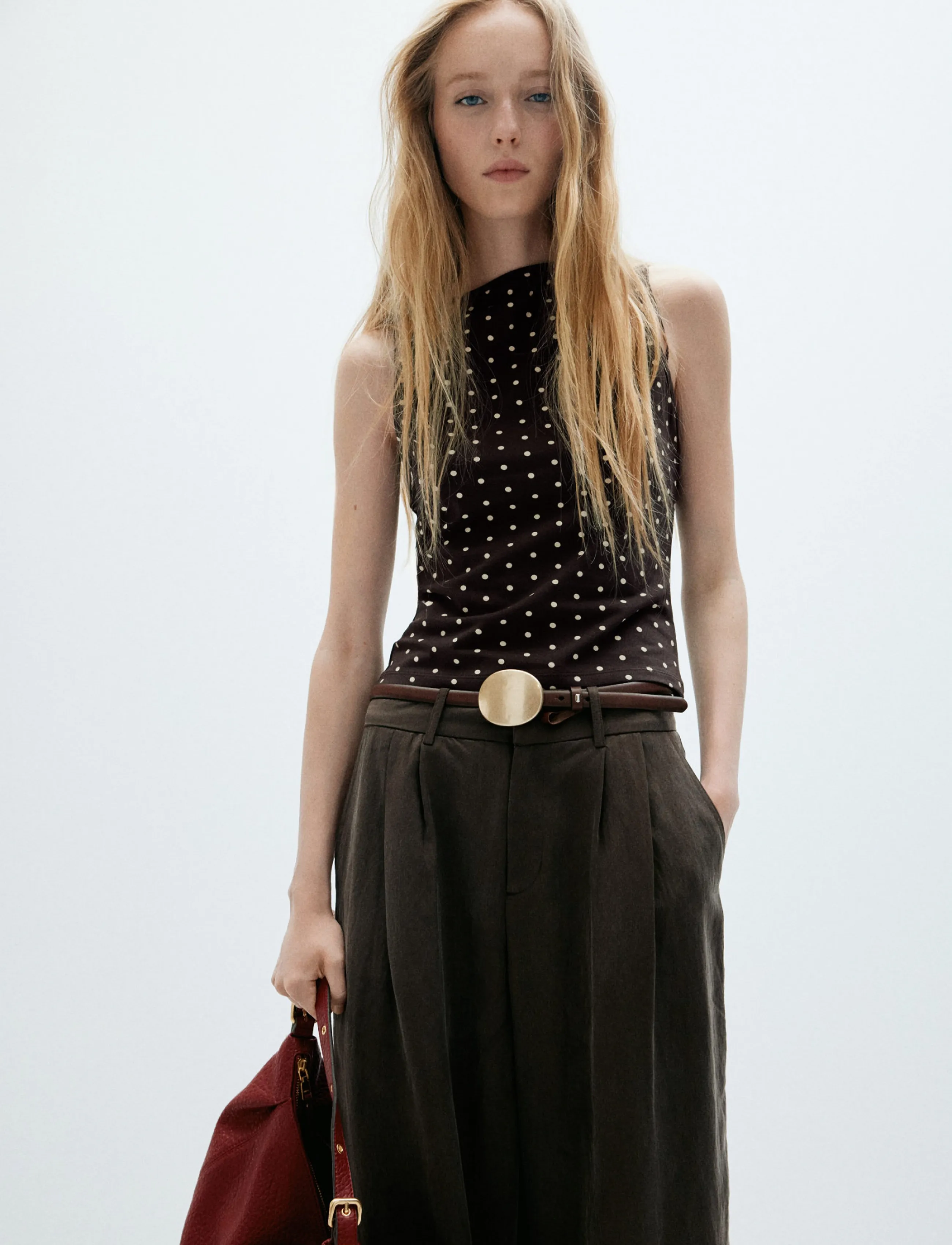 Mango Fitted Polka Dot Top, XL, Brown, T-Shirts & Toppe > Uden Ærmer, Dame