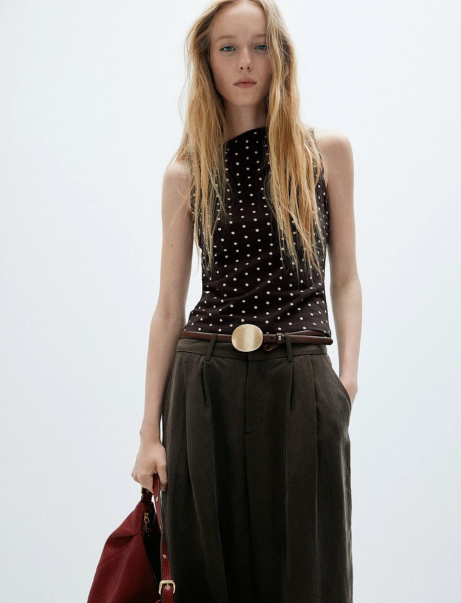 Mango - Fitted polka dot top - linnen - brown - 0