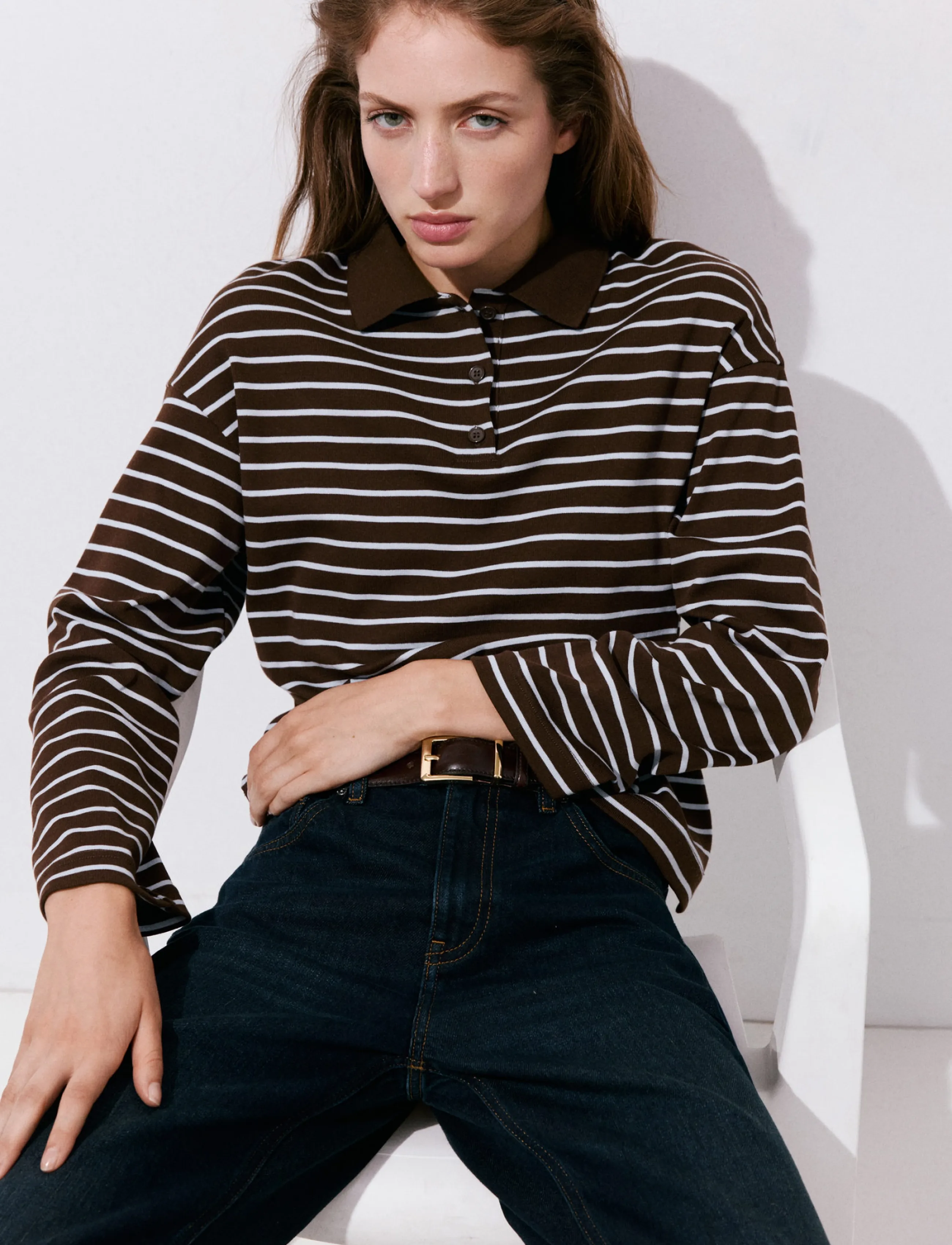 Mango Contrasting stripes cotton polo shirt - T-shirts & Toppar - BROWN / brown