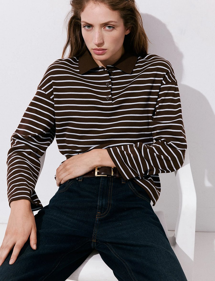 Mango - Contrasting stripes cotton polo shirt - poloer - brown - 0