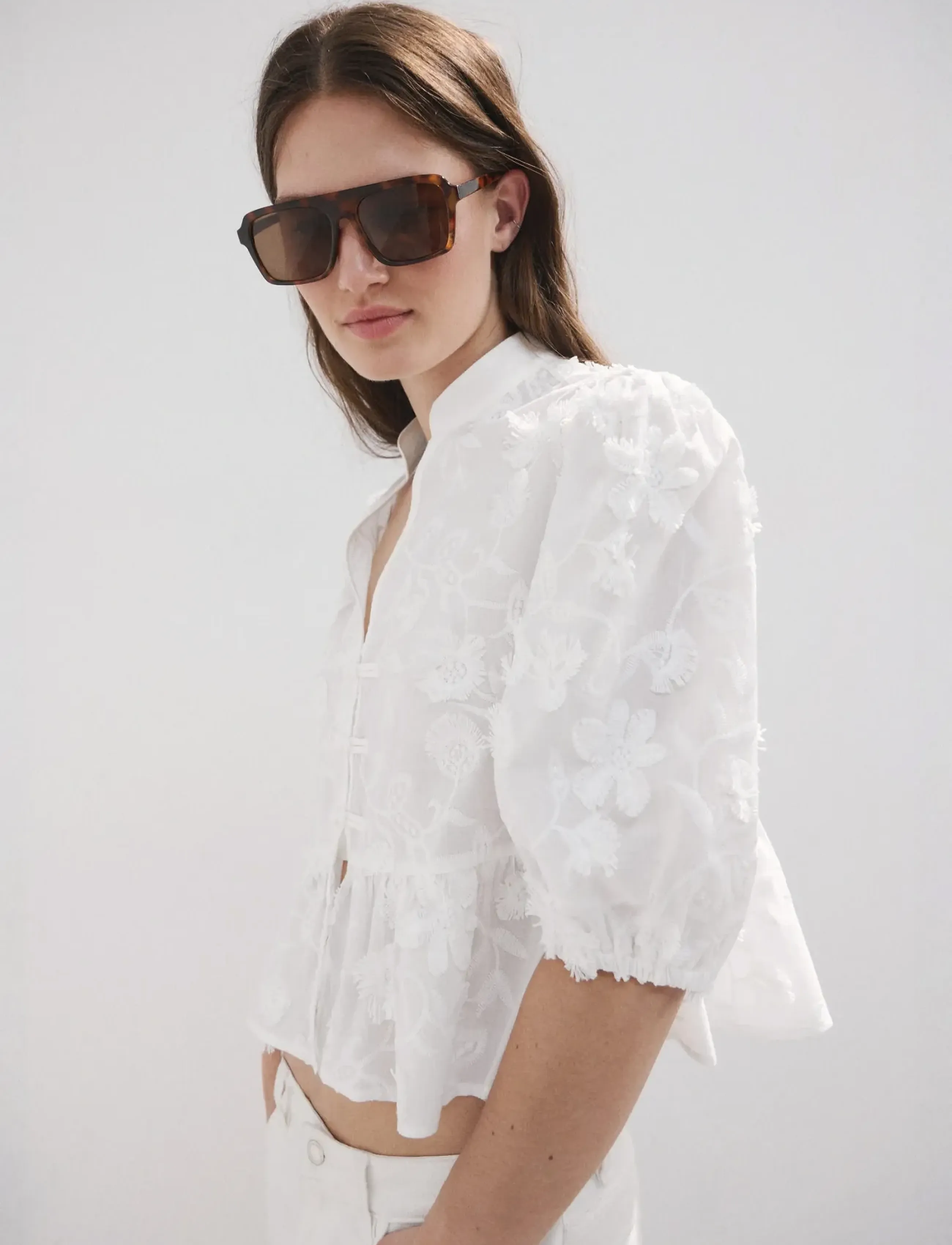 Mango Embroidered Puff-Sleeve Blouse, XS, White, Bluser > Kortærmede, Dame