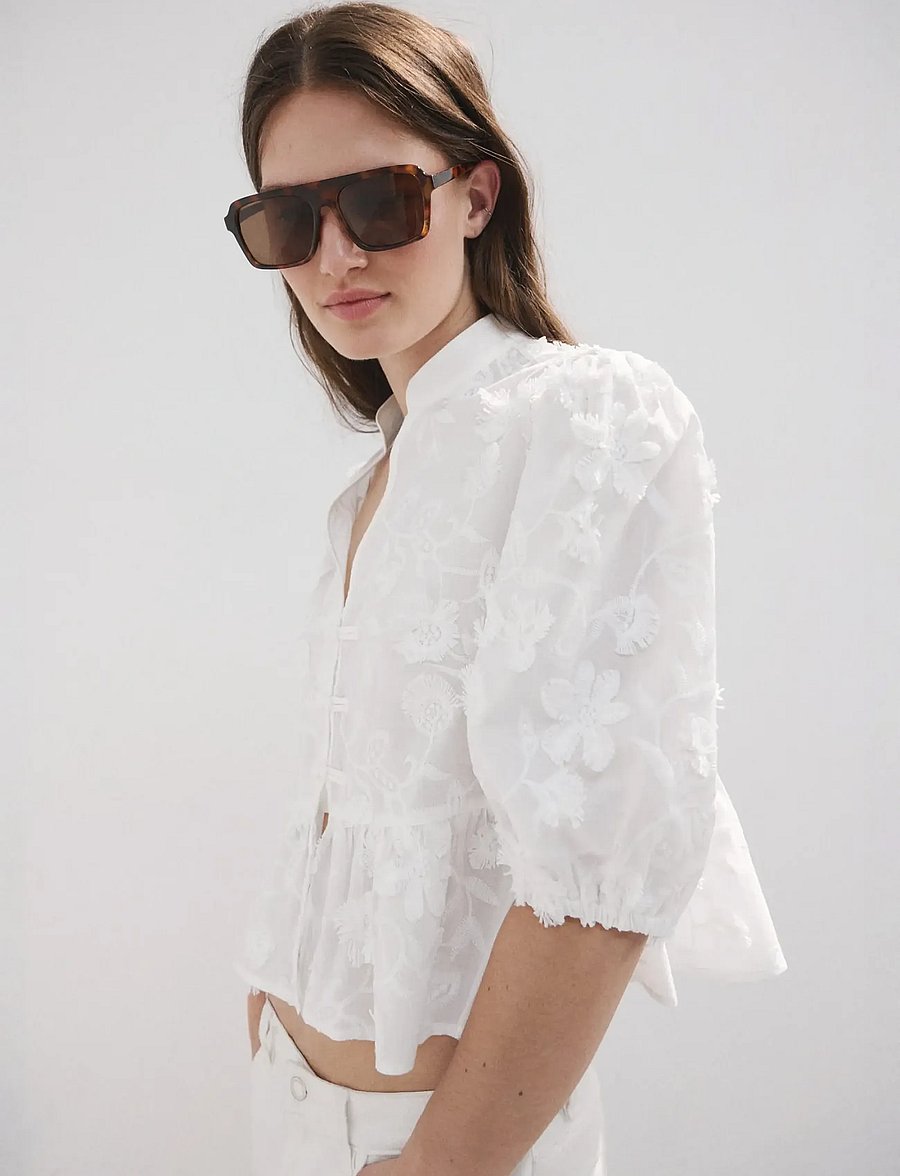 Mango - Embroidered puff-sleeve blouse - kortærmede bluser - natural white - 0