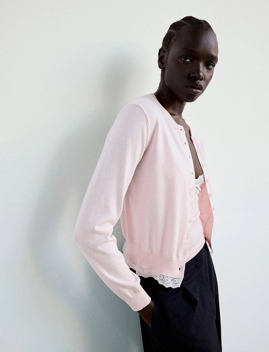 Mango - Lace detail knitted cardigan - koftor - lt-pastel pink - 0