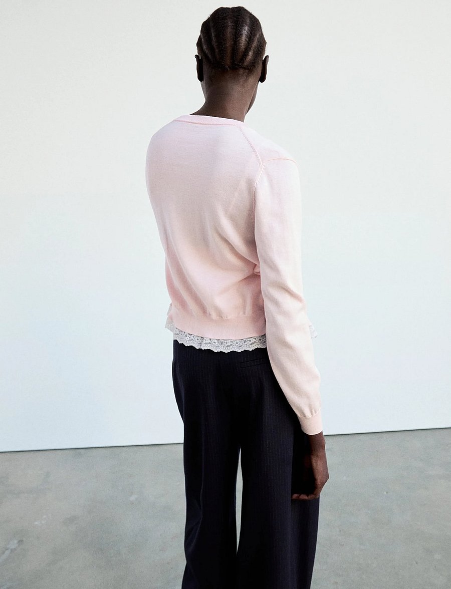 Mango - Lace detail knitted cardigan - koftor - lt-pastel pink - 2