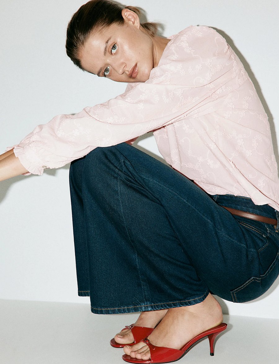 Mango - Embroidered puff-sleeve blouse - långärmade blusar - pink - 0