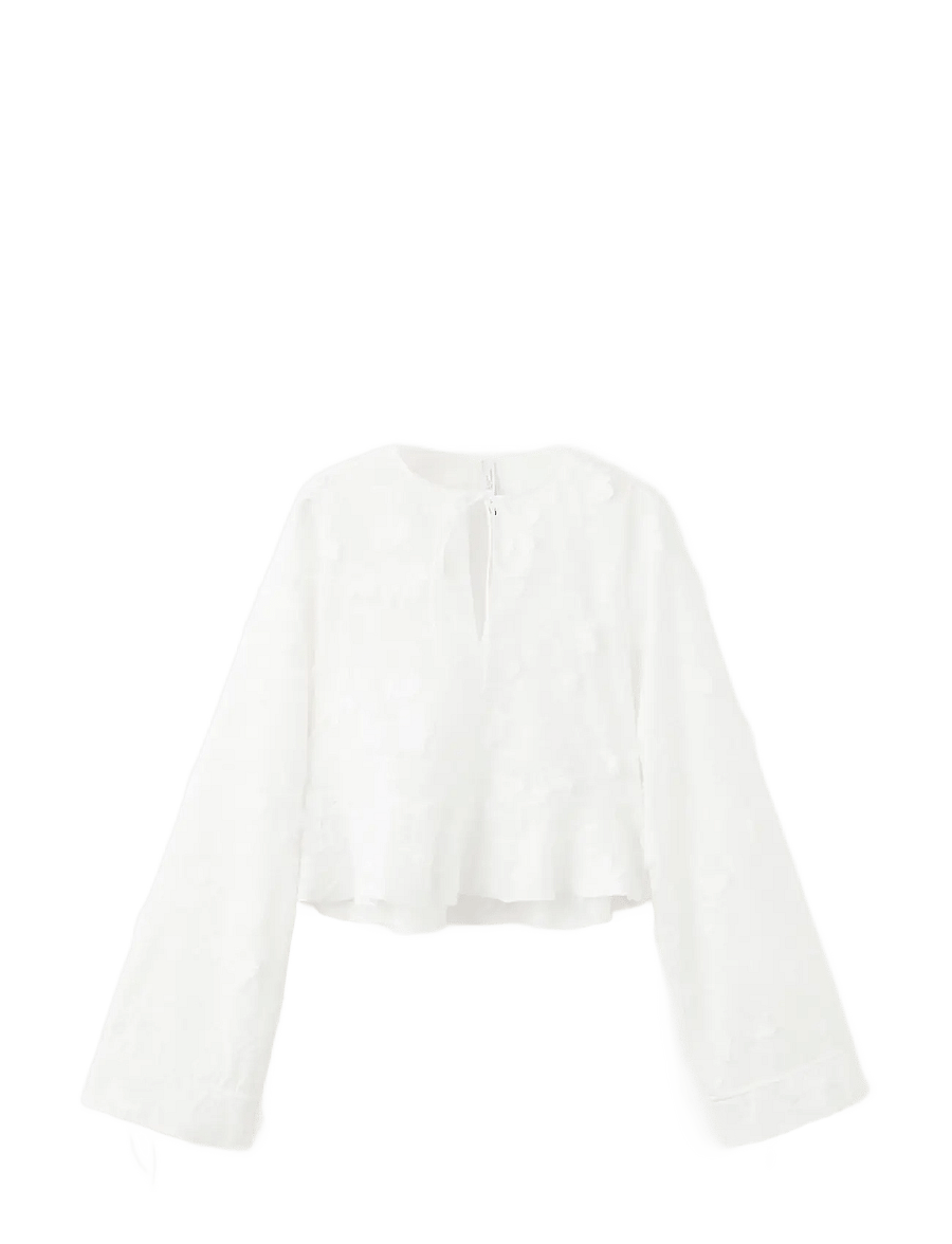 Mango - Cotton blouse with floral embroideries - långärmade blusar - white - 1