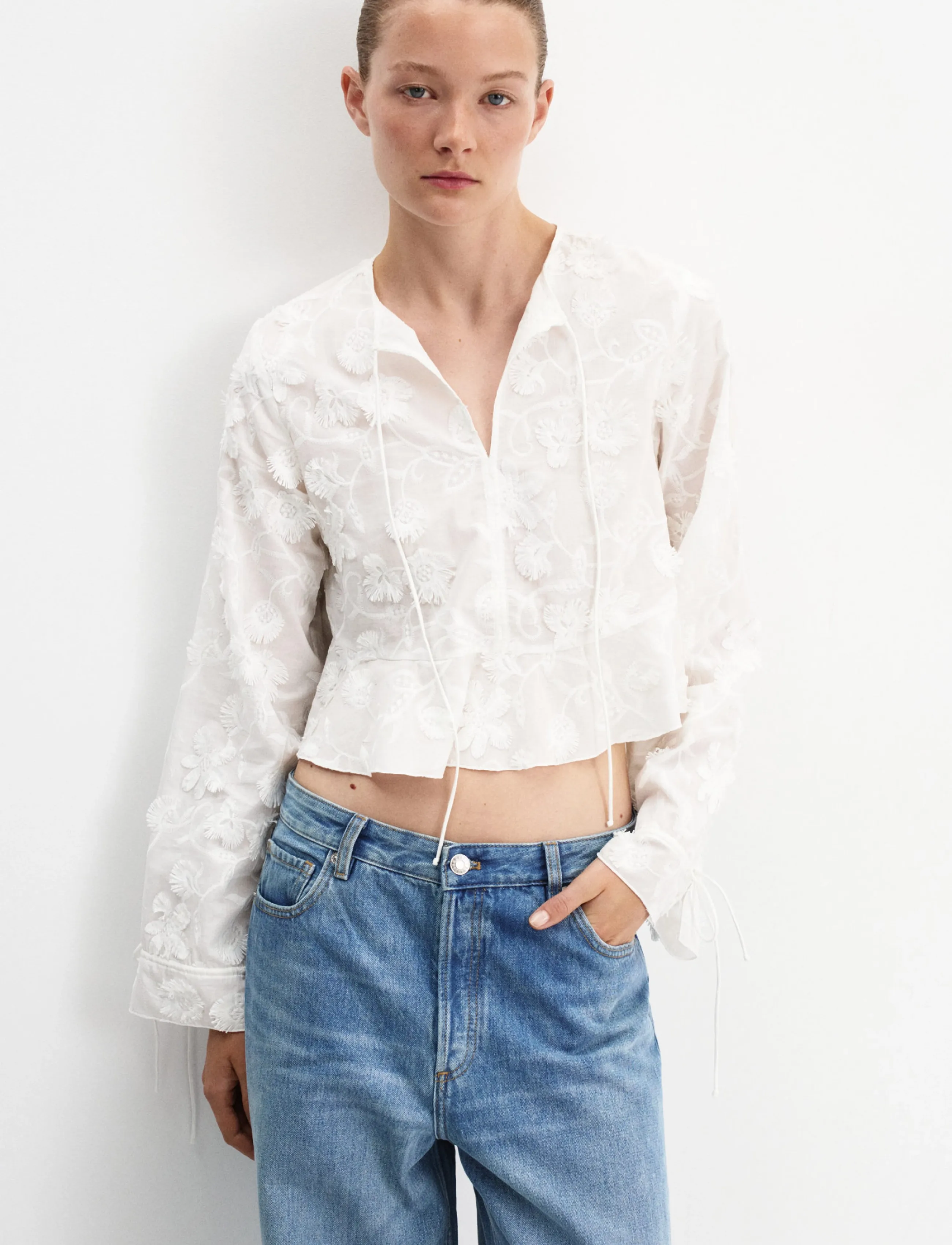 Mango Cotton Blouse With Floral Embroideries, XS, Blouses, Weiß - Long-sleeved, Frauen