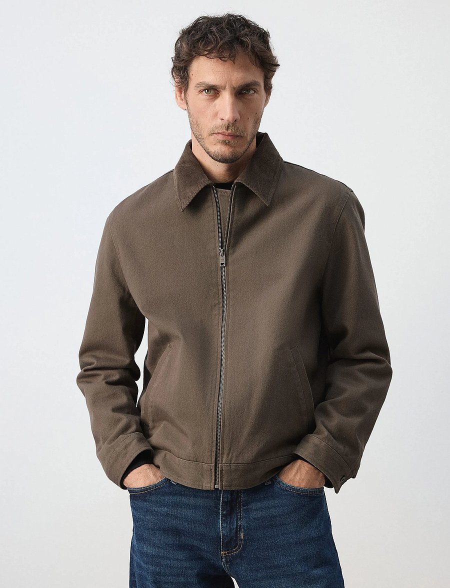 Mango - Corduroy collar denim jacket - forede denimjakker - brown - 0