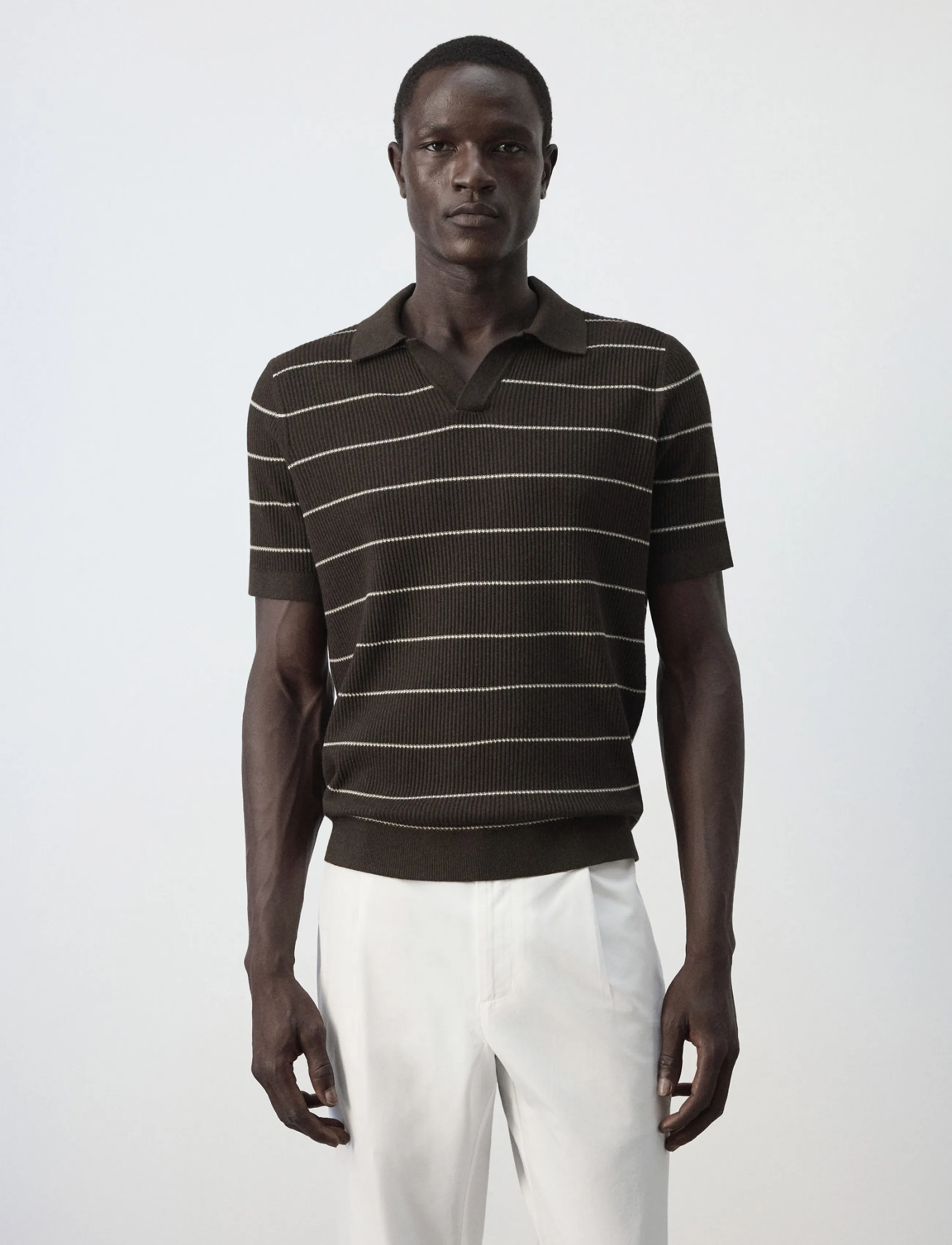 Mango Rib-knit cotton-blend polo shirt - Kläder - DARK BROWN / brown