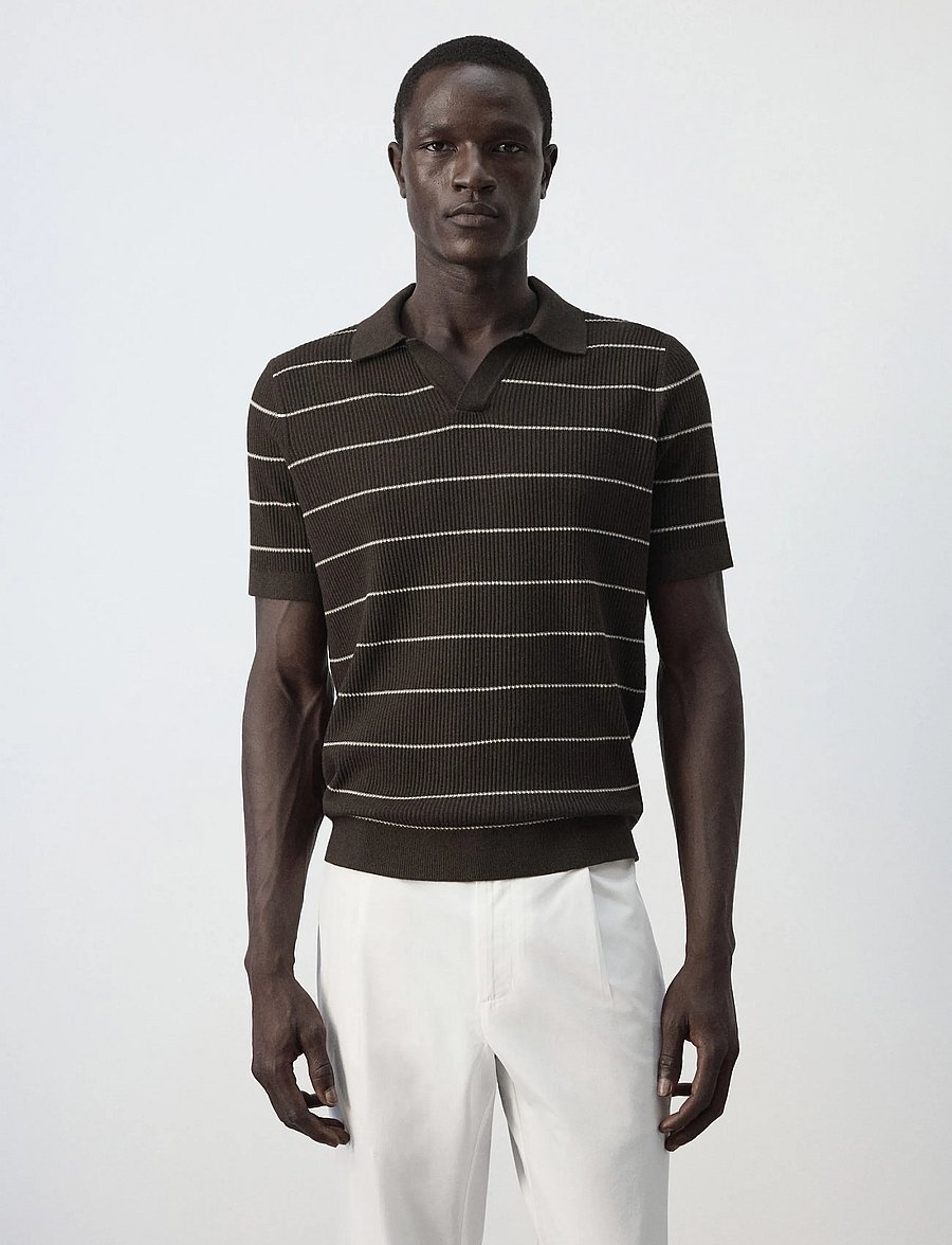 Mango - Rib-knit cotton-blend polo shirt - langärmlige strick-polohemden - dark brown - 0
