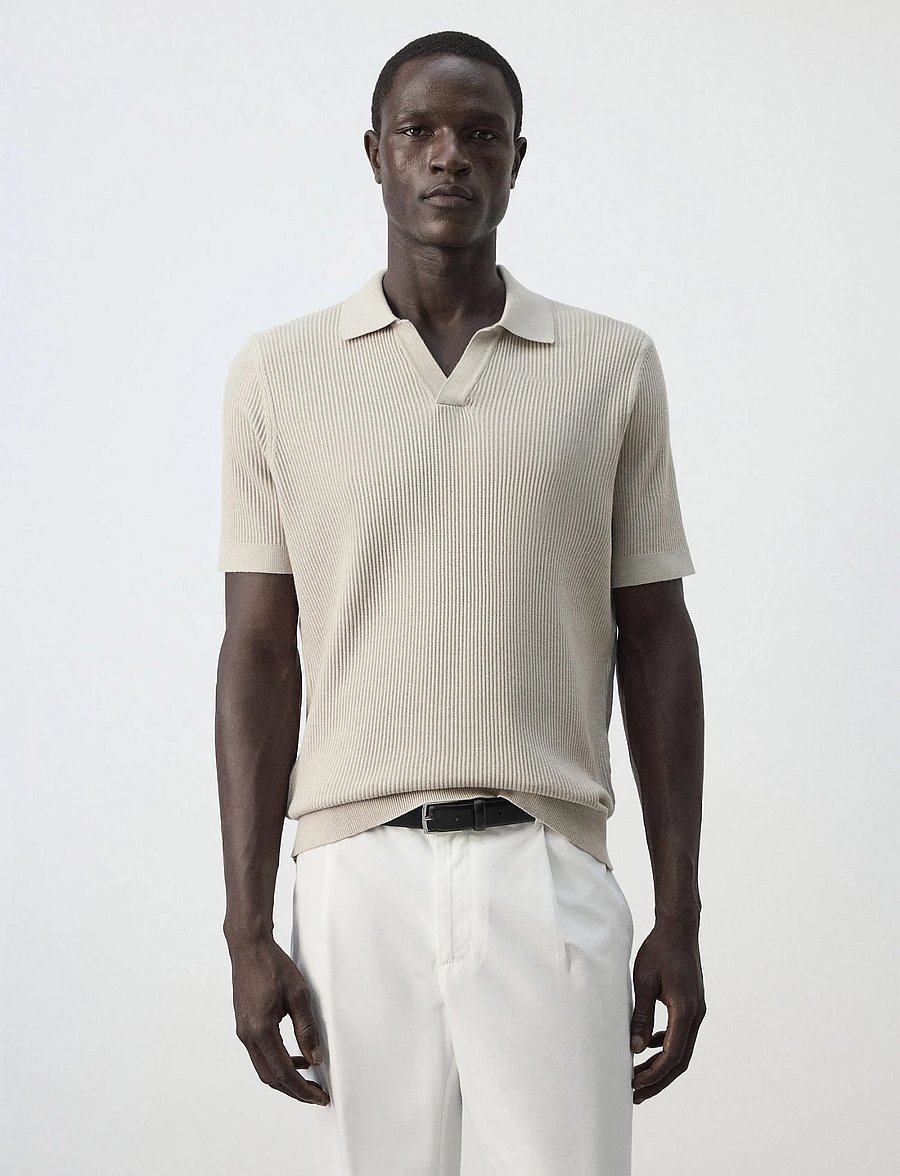 Mango - Rib-knit cotton-blend polo shirt - polostrik - light beige - 0